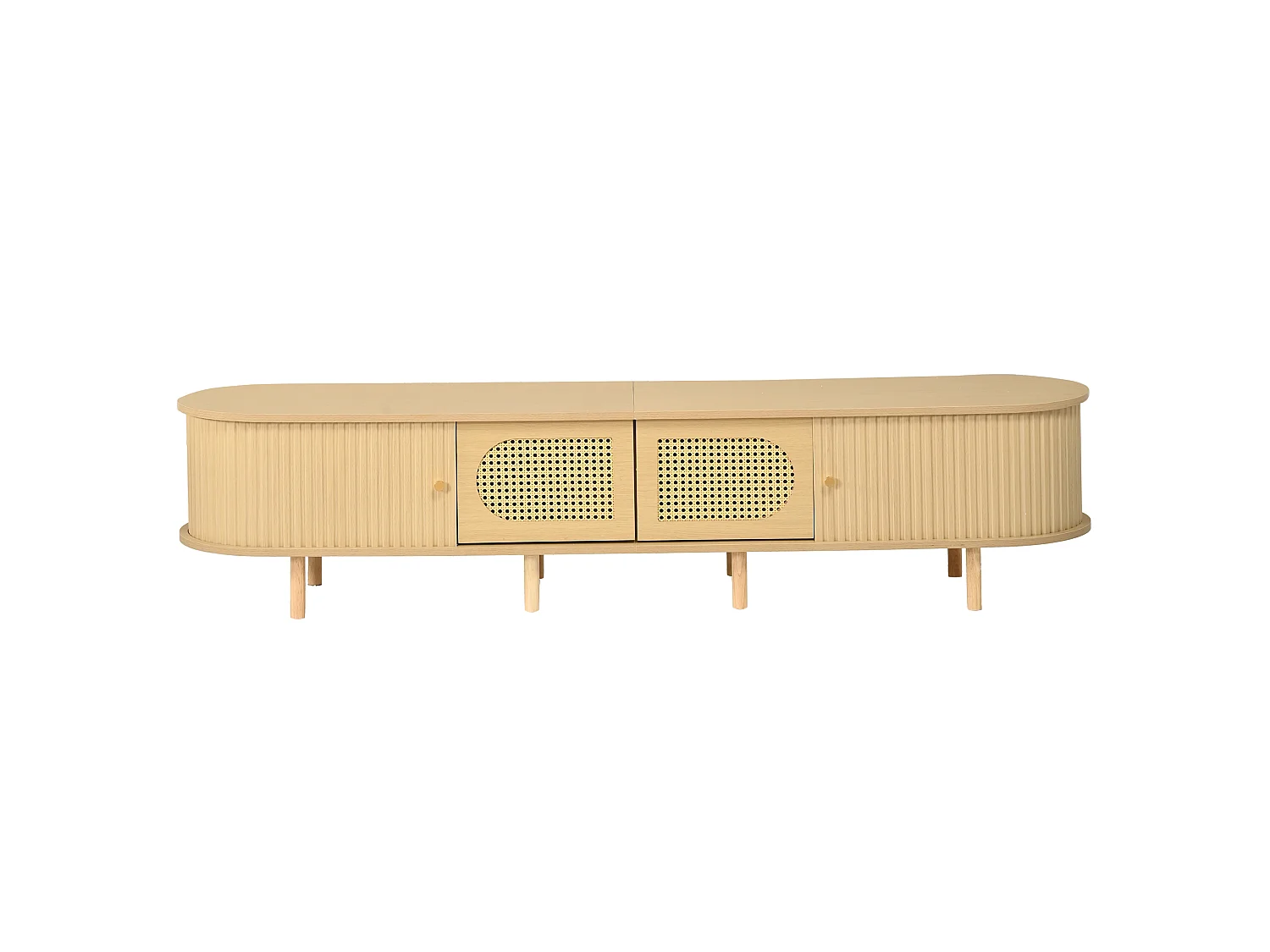 Meuble TV ovale 180x40x40 cm - Design en rotin - 4 portes - MDF - Pour les TV jusqu'à 75 pouces -MDF - Naturel
