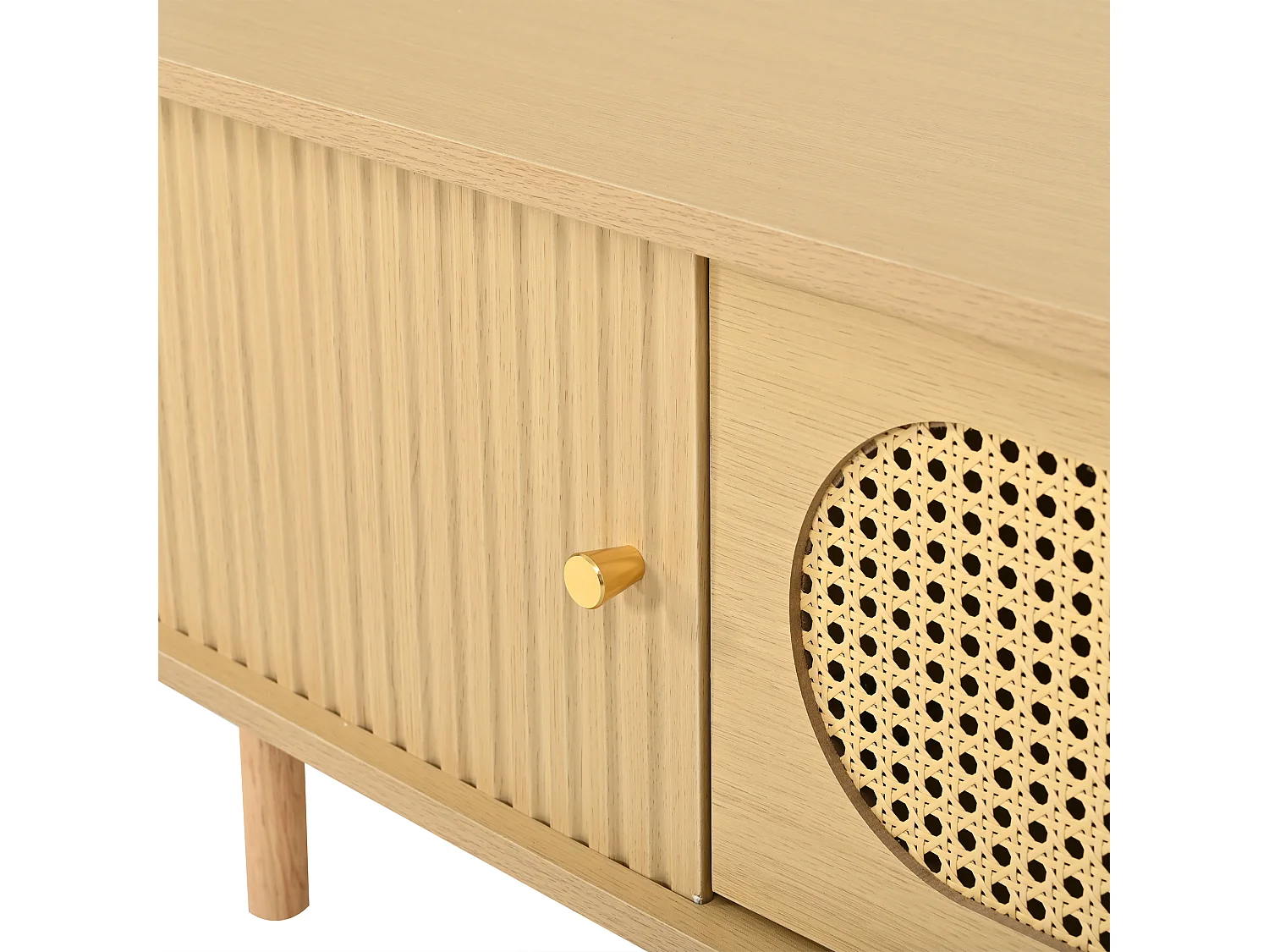 Meuble TV ovale 180x40x40 cm - Design en rotin - 4 portes - MDF - Pour les TV jusqu'à 75 pouces -MDF - Naturel
