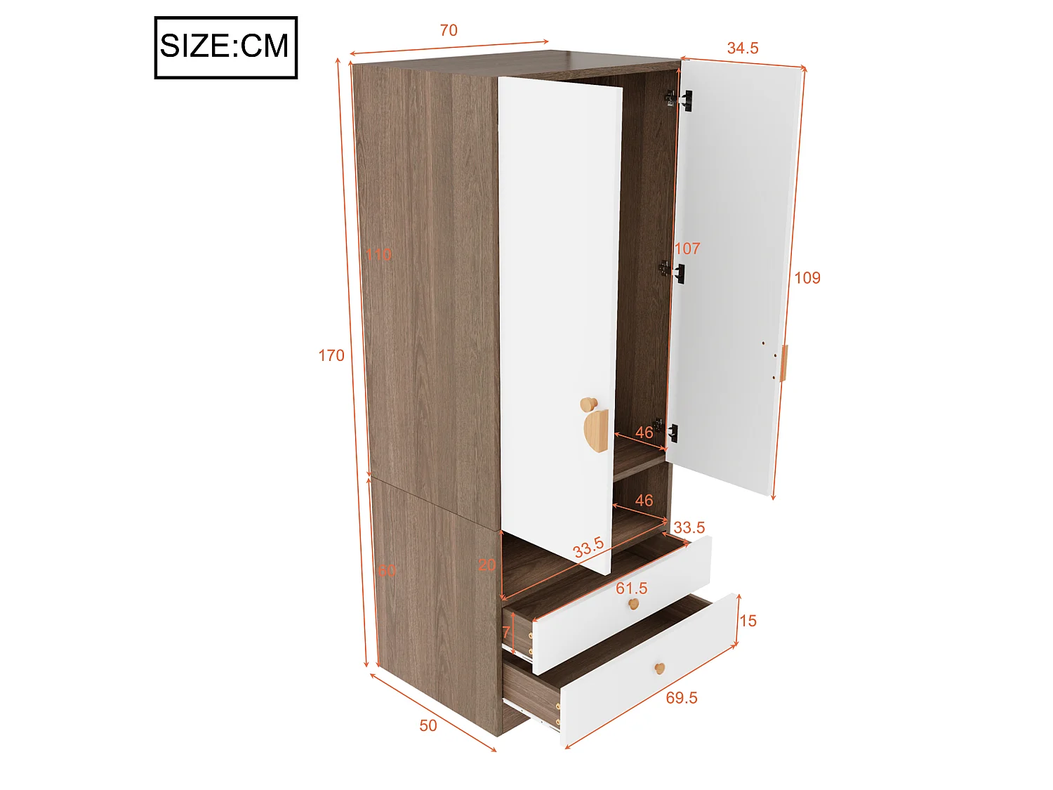 Enkel garderob 70 × 50 × 170 cm - med 2 lådor - natur