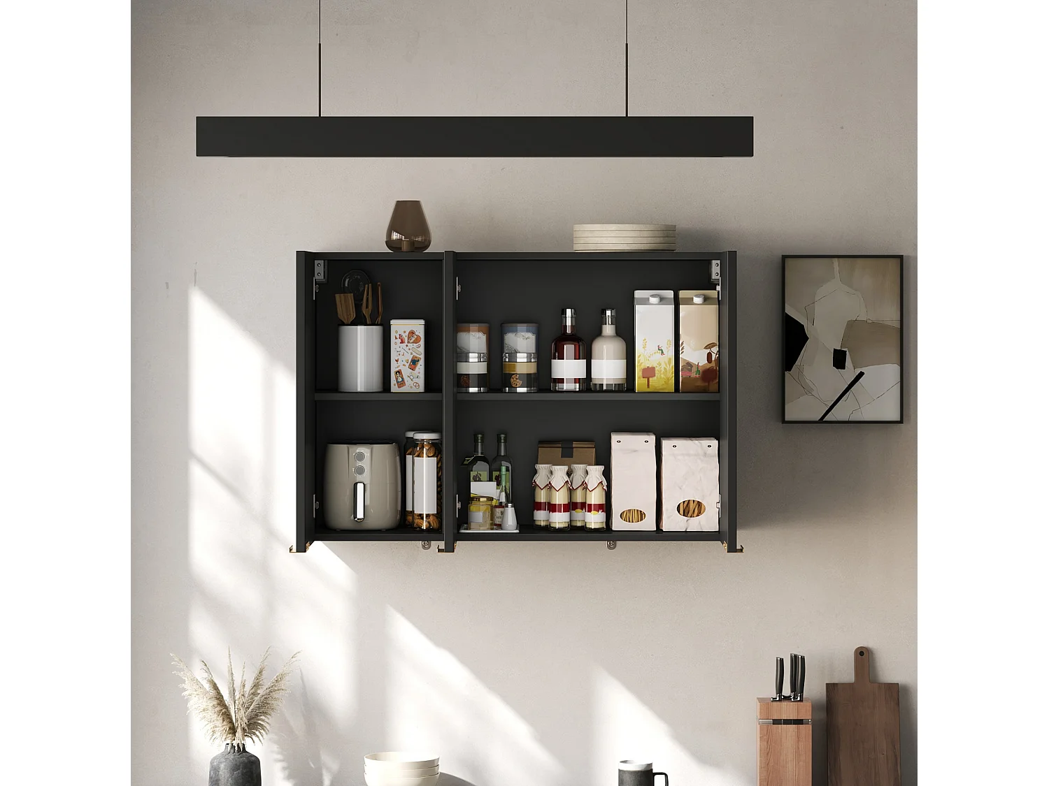 Meubel voor aan de muur 90×29×60 cm - met 3 deuren - golfvormige deur - Zwart