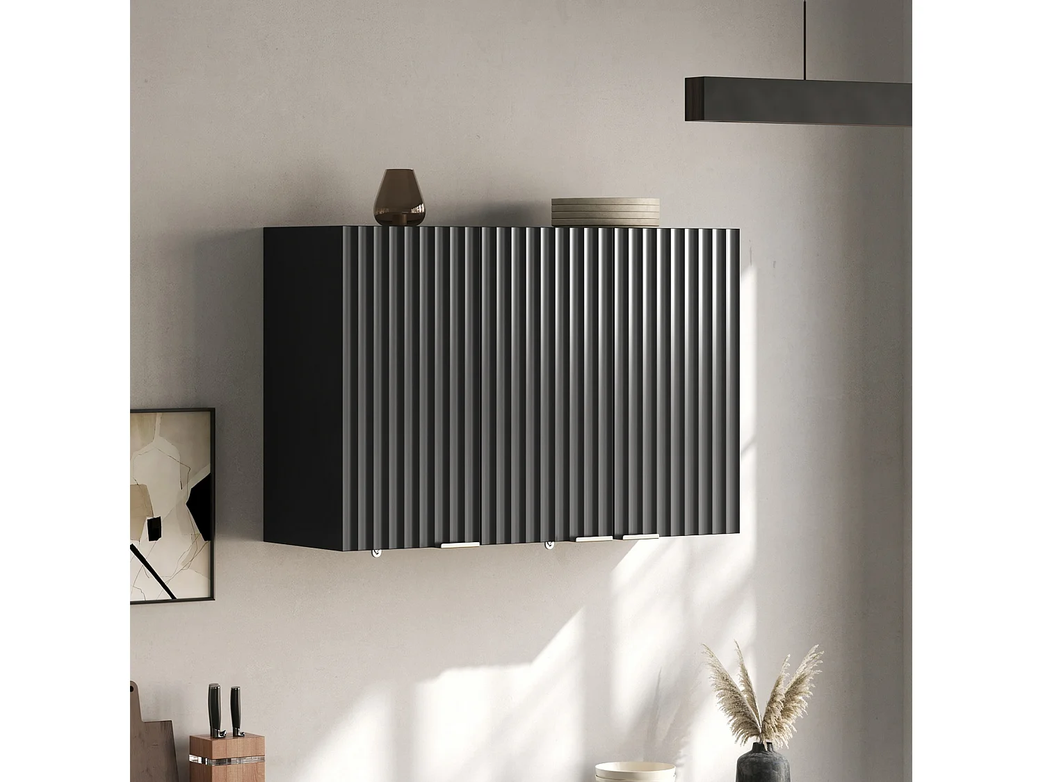 Meubel voor aan de muur 90×29×60 cm - met 3 deuren - golfvormige deur - Zwart