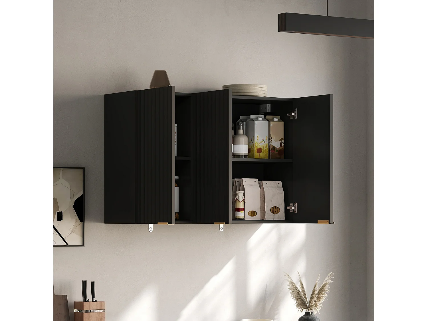 Meubel voor aan de muur 90×29×60 cm - met 3 deuren - golfvormige deur - Zwart