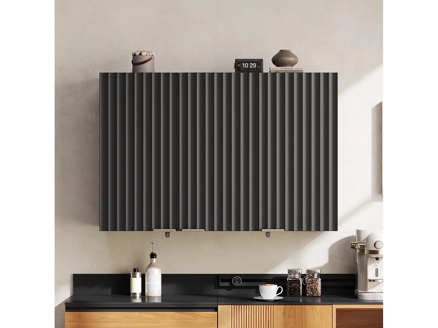 Meubel voor aan de muur 90×29×60 cm - met 3 deuren - golfvormige deur - Zwart