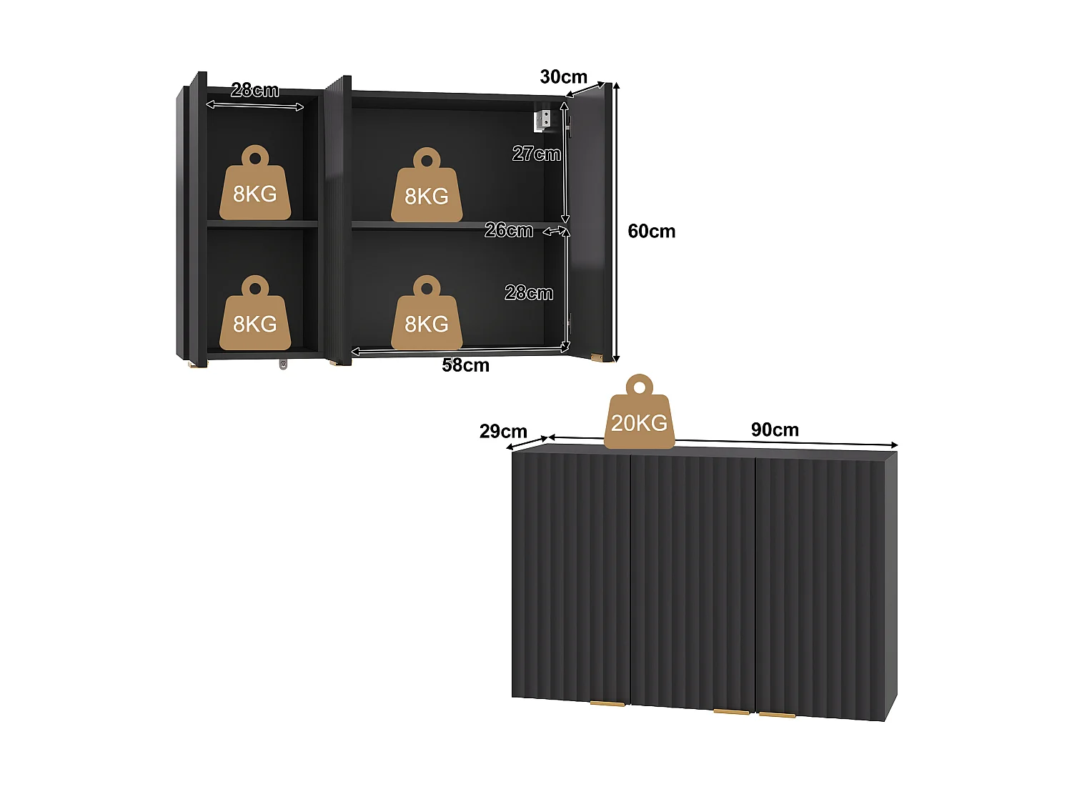 Meubel voor aan de muur 90×29×60 cm - met 3 deuren - golfvormige deur - Zwart