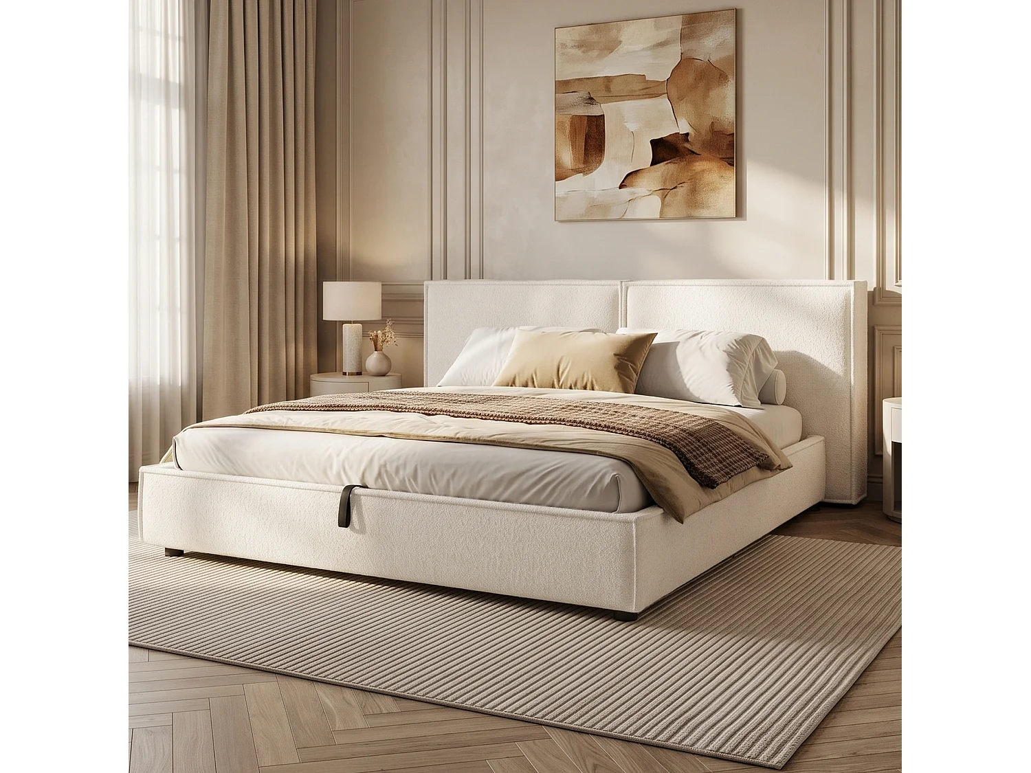 Lit coffre rembourré 180 x 200 cm - Avec coffre de rangement sous le lit - Tête de lit capitonnée - Tissu bouclé - Beige  (sans matelas)