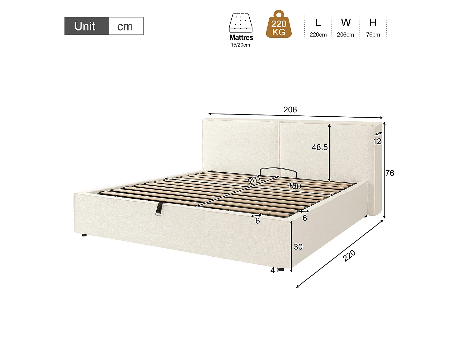 Lit coffre rembourré 180 x 200 cm - Avec coffre de rangement sous le lit - Tête de lit capitonnée - Tissu bouclé - Beige  (sans matelas)
