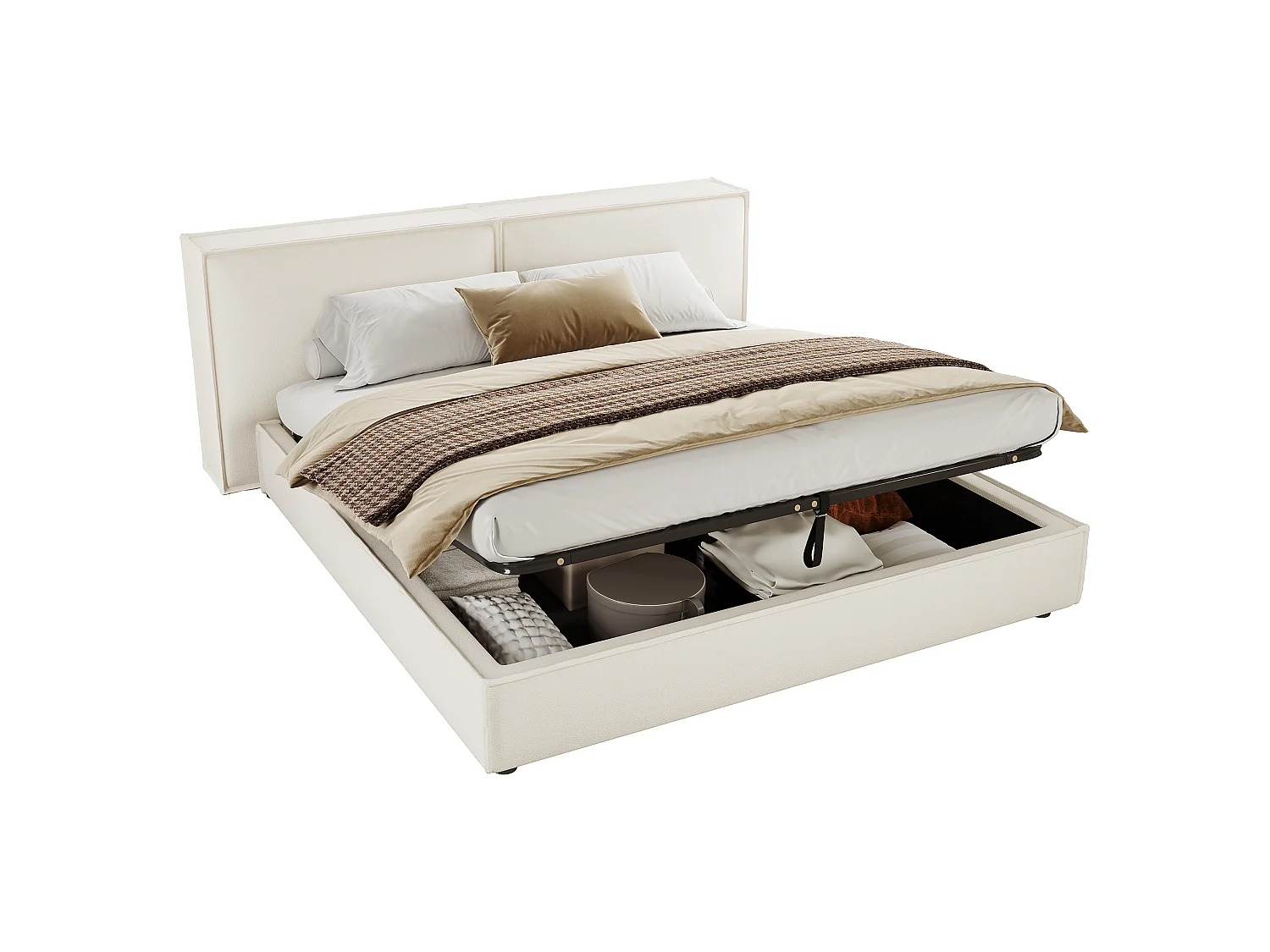 Lit coffre rembourré 180 x 200 cm - Avec coffre de rangement sous le lit - Tête de lit capitonnée - Tissu bouclé - Beige  (sans matelas)