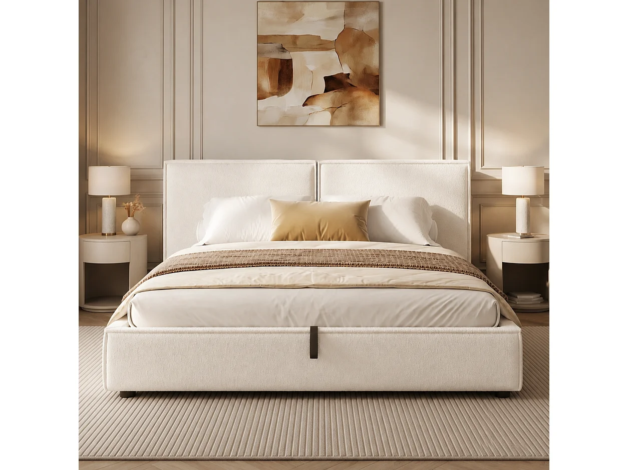 Lit coffre rembourré 180 x 200 cm - Avec coffre de rangement sous le lit - Tête de lit capitonnée - Tissu bouclé - Beige  (sans matelas)