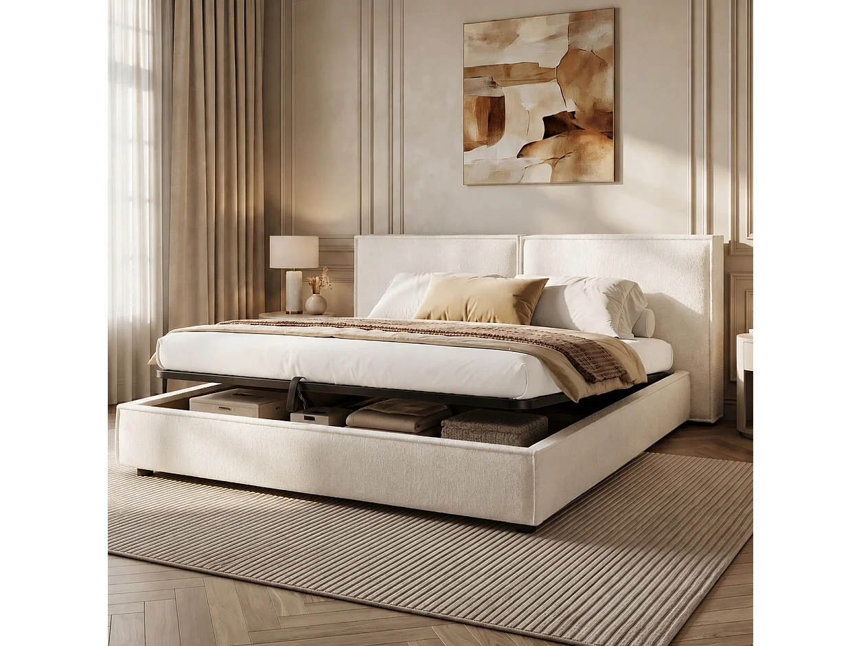 Lit coffre rembourré 180 x 200 cm - Avec coffre de rangement sous le lit - Tête de lit capitonnée - Tissu bouclé - Beige  (sans matelas)