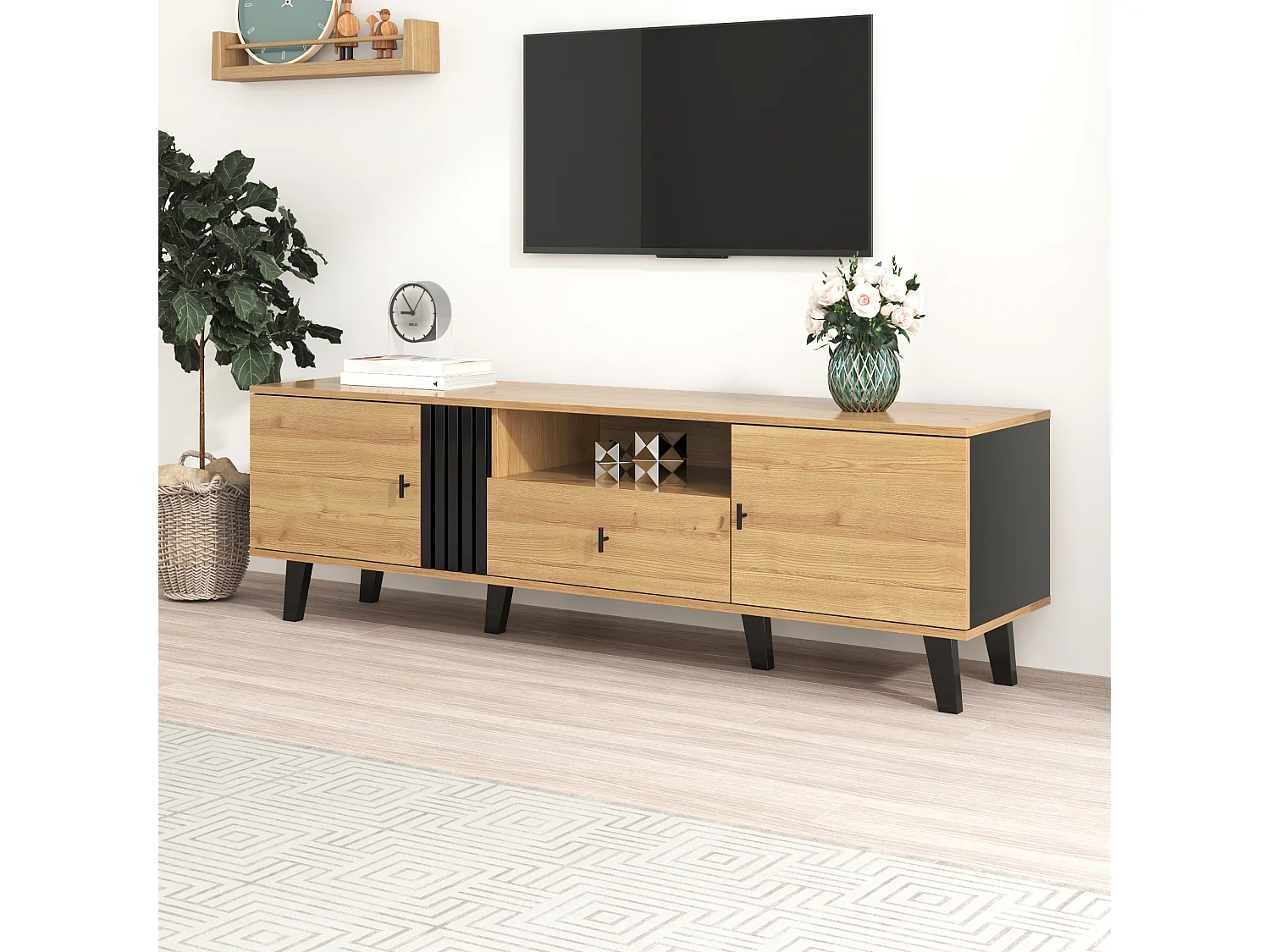 TV-Möbel mit 2 Türen und 1 Schublade – 170 x 40 x 50,5 cm – Spanplatte – Natur und Schwarz