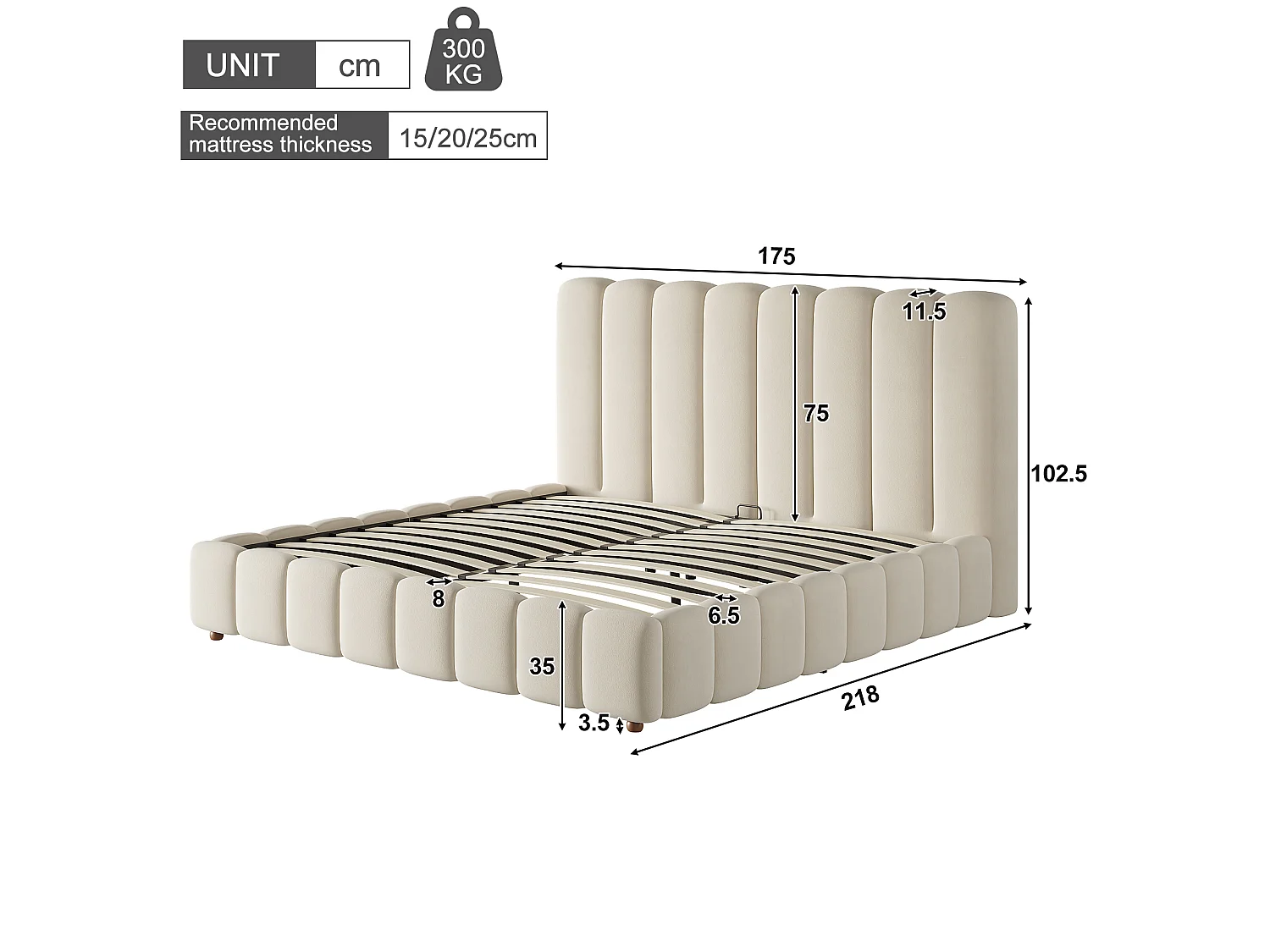 Letto matrimoniale contenitore imbottito 160x200 cm - con testiera e contenitore portaoggetti - Tessuto velluto - Beige (senza materasso)