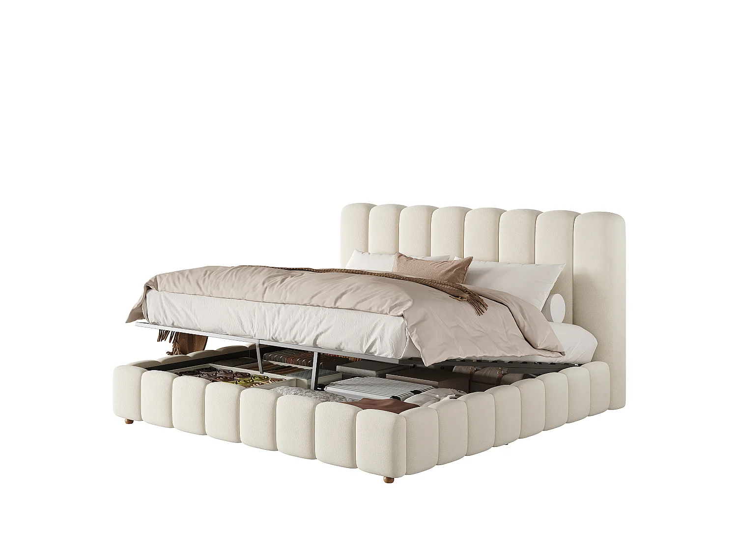 Letto matrimoniale contenitore imbottito 160x200 cm - con testiera e contenitore portaoggetti - Tessuto velluto - Beige (senza materasso)