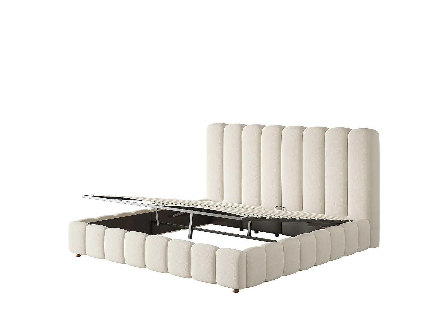 Letto matrimoniale contenitore imbottito 160x200 cm - con testiera e contenitore portaoggetti - Tessuto velluto - Beige (senza materasso)
