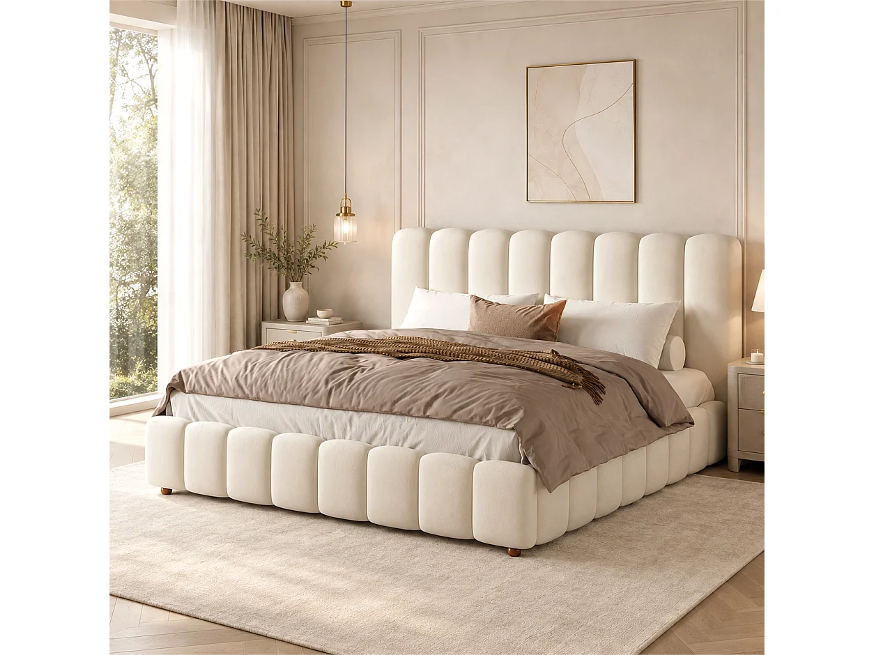 Letto matrimoniale contenitore imbottito 160x200 cm - con testiera e contenitore portaoggetti - Tessuto velluto - Beige (senza materasso)