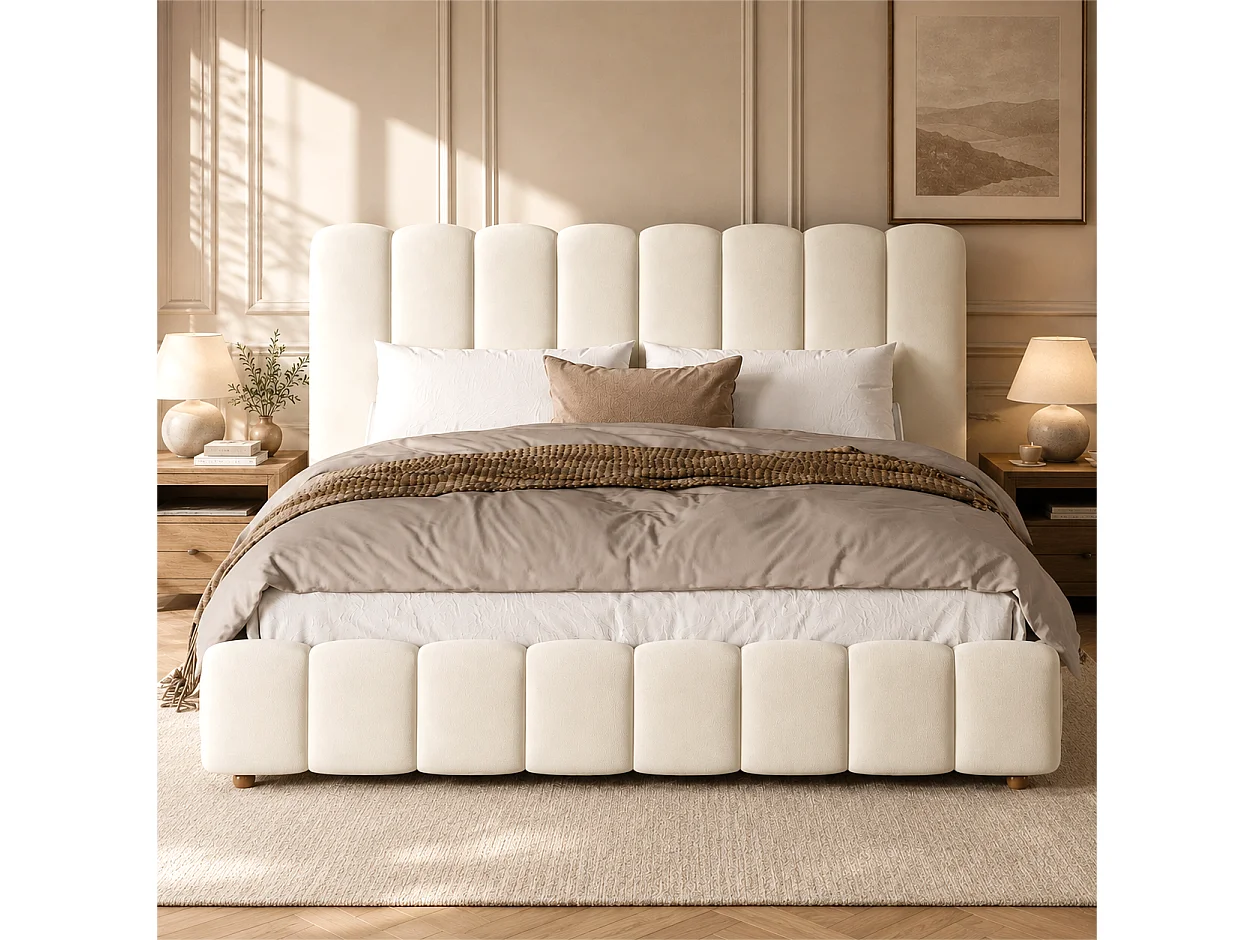 Letto matrimoniale contenitore imbottito 160x200 cm - con testiera e contenitore portaoggetti - Tessuto velluto - Beige (senza materasso)