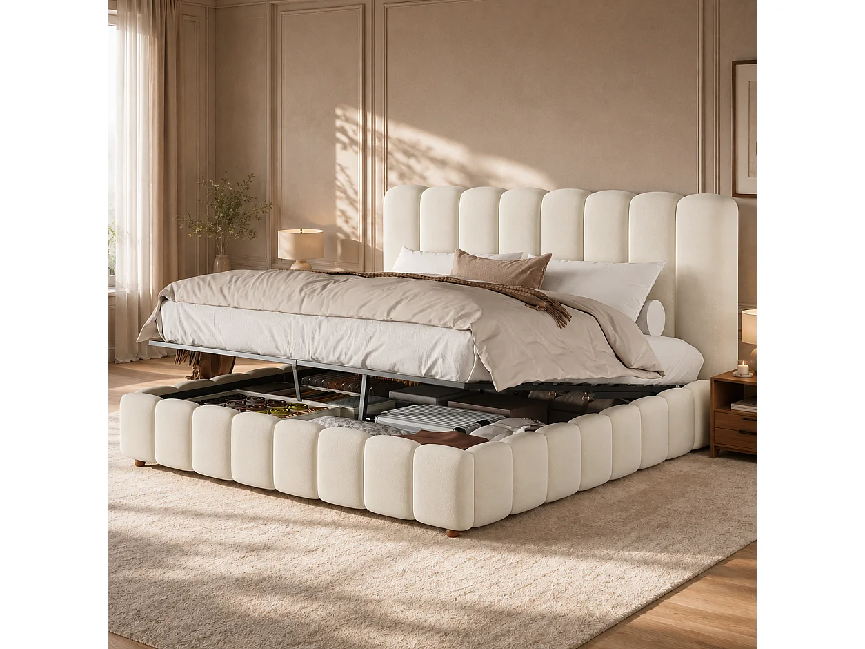 Letto matrimoniale contenitore imbottito 160x200 cm - con testiera e contenitore portaoggetti - Tessuto velluto - Beige (senza materasso)