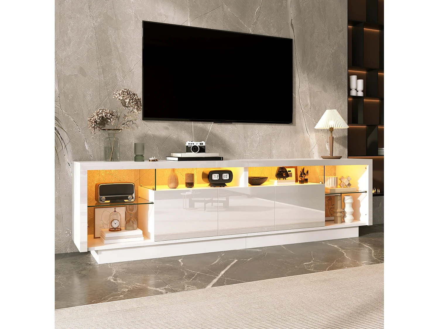 3-türiger TV-Ständer mit Glasböden und LED-Beleuchtung – 200 x 38 x 55 cm – Spanplatte – Hochglanzweiß