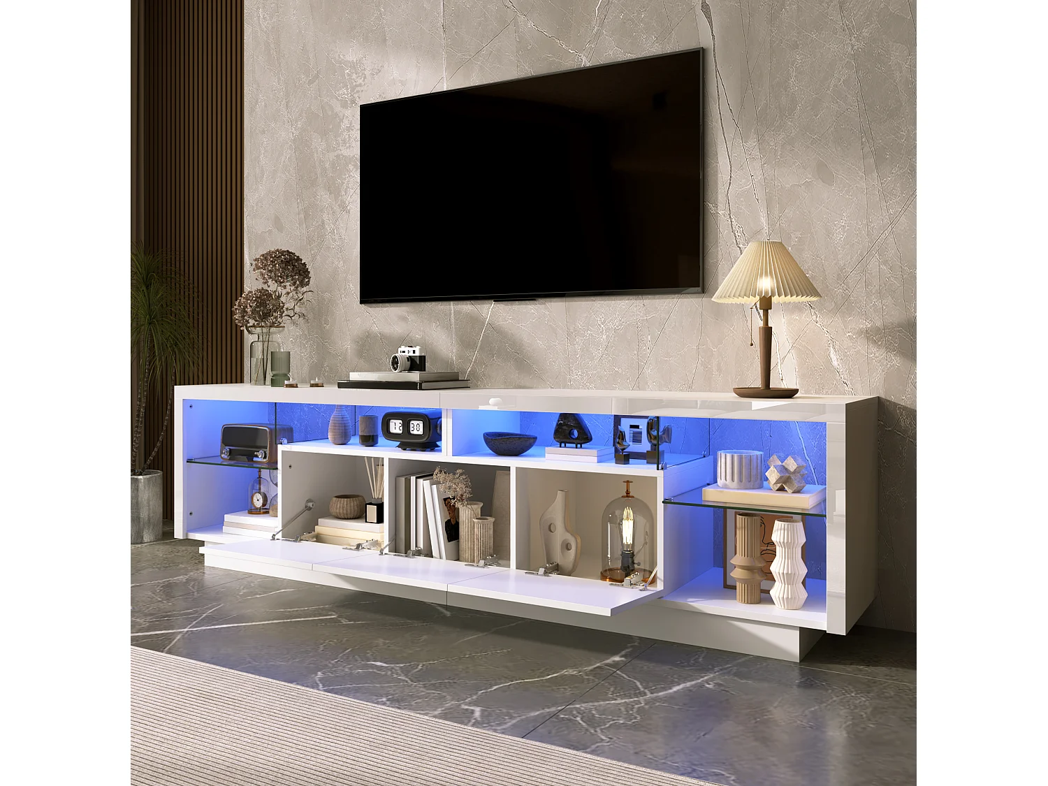 3-türiger TV-Ständer mit Glasböden und LED-Beleuchtung – 200 x 38 x 55 cm – Spanplatte – Hochglanzweiß