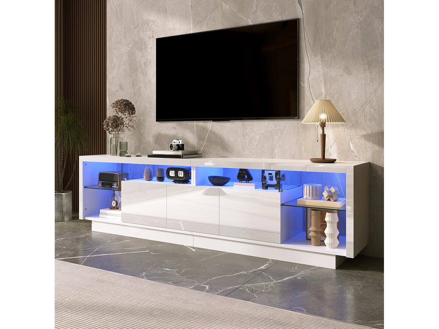 3-türiger TV-Ständer mit Glasböden und LED-Beleuchtung – 200 x 38 x 55 cm – Spanplatte – Hochglanzweiß
