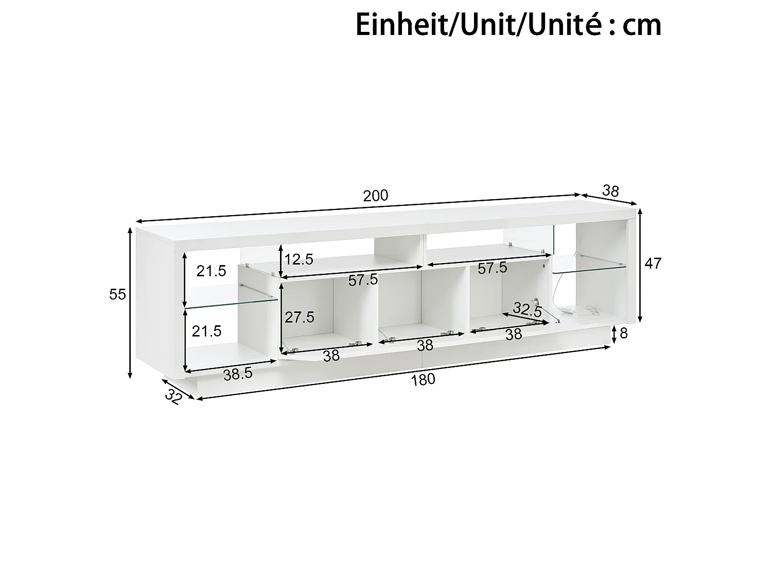 3-türiger TV-Ständer mit Glasböden und LED-Beleuchtung – 200 x 38 x 55 cm – Spanplatte – Hochglanzweiß
