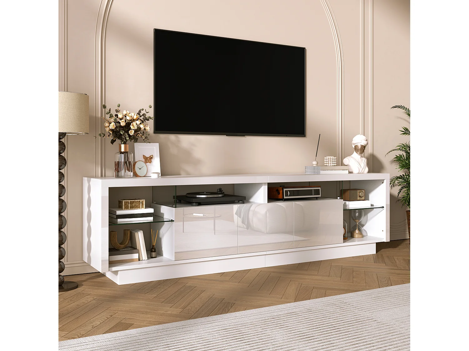 3-türiger TV-Ständer mit Glasböden und LED-Beleuchtung – 200 x 38 x 55 cm – Spanplatte – Hochglanzweiß