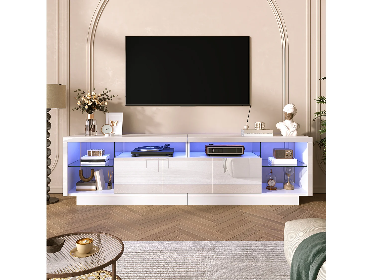 3-türiger TV-Ständer mit Glasböden und LED-Beleuchtung – 200 x 38 x 55 cm – Spanplatte – Hochglanzweiß