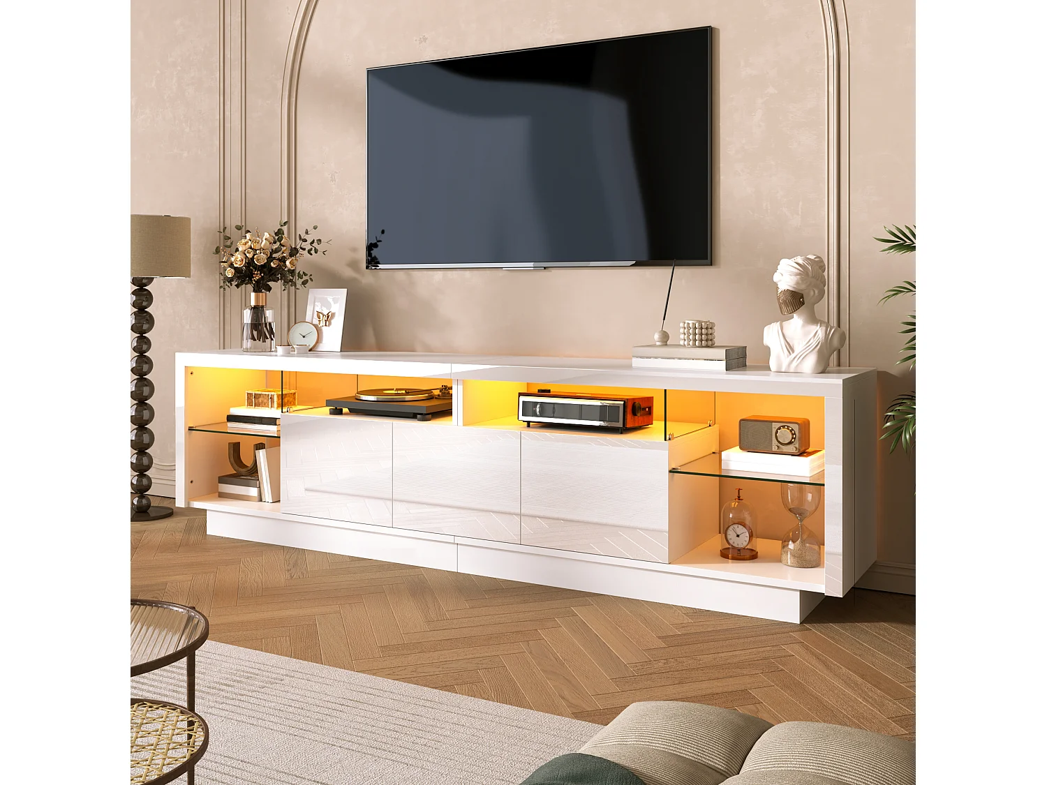 3-türiger TV-Ständer mit Glasböden und LED-Beleuchtung – 200 x 38 x 55 cm – Spanplatte – Hochglanzweiß