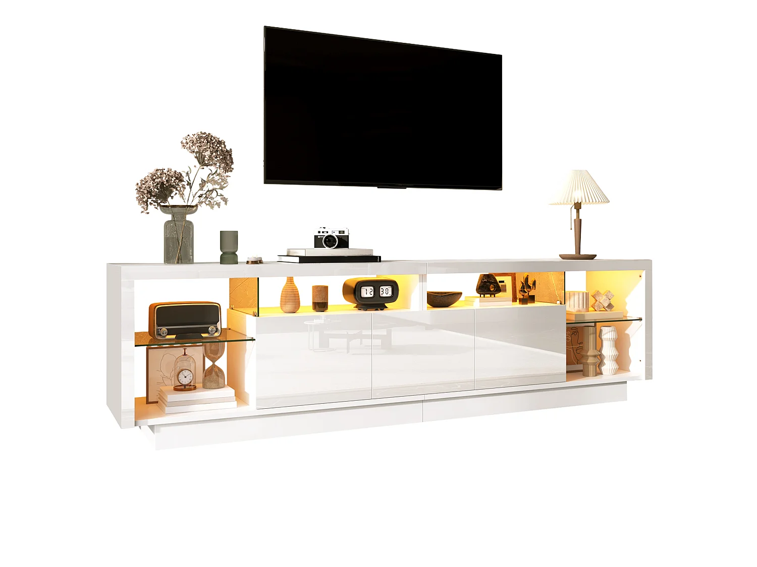 3-türiger TV-Ständer mit Glasböden und LED-Beleuchtung – 200 x 38 x 55 cm – Spanplatte – Hochglanzweiß
