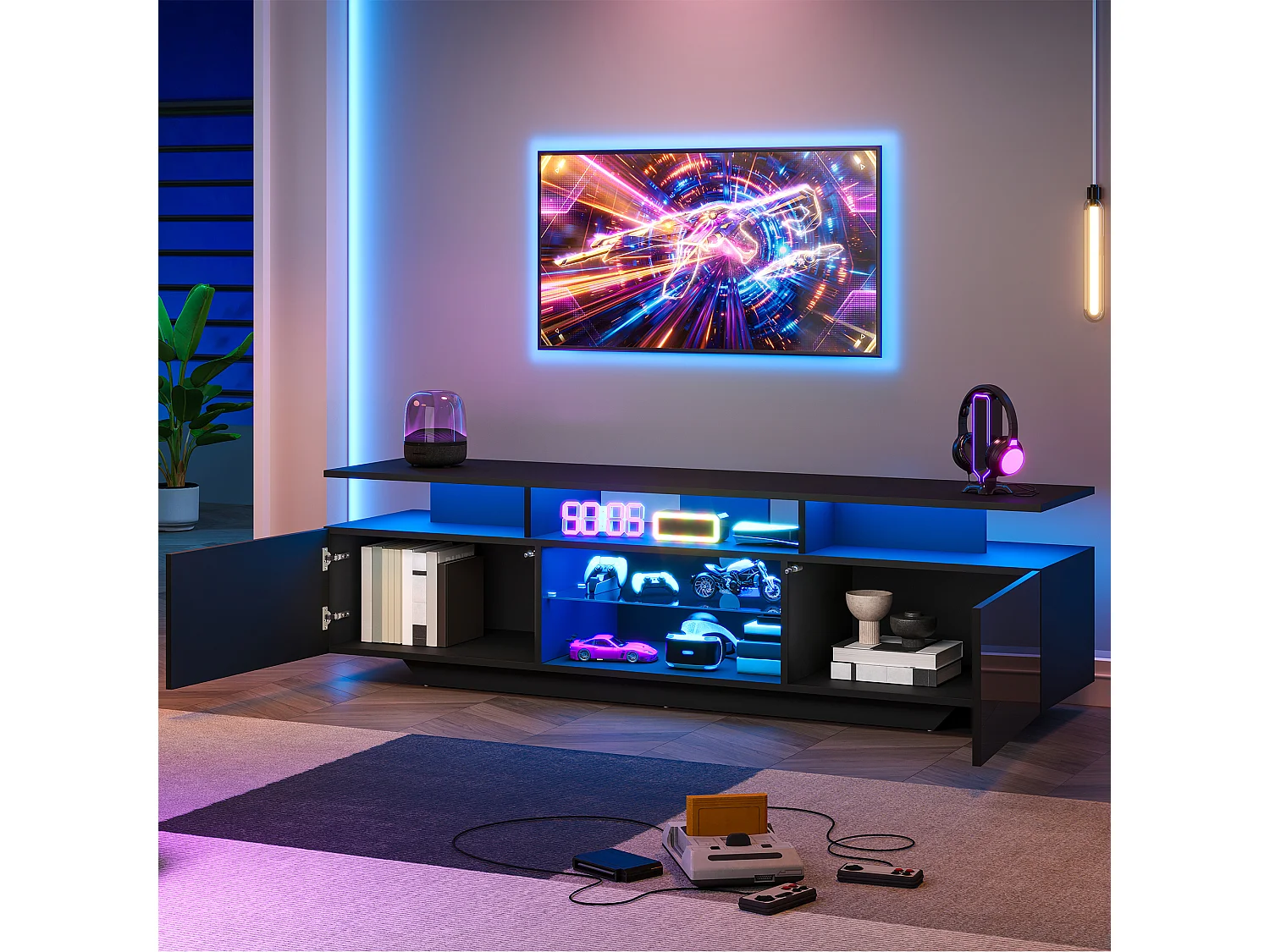 TV-Möbel mit LED-Beleuchtung per App, 2 Türen und Einlegeböden aus Sicherheitsglas – MDF/Glas – 160 x 40 x 45 cm – Schwarz