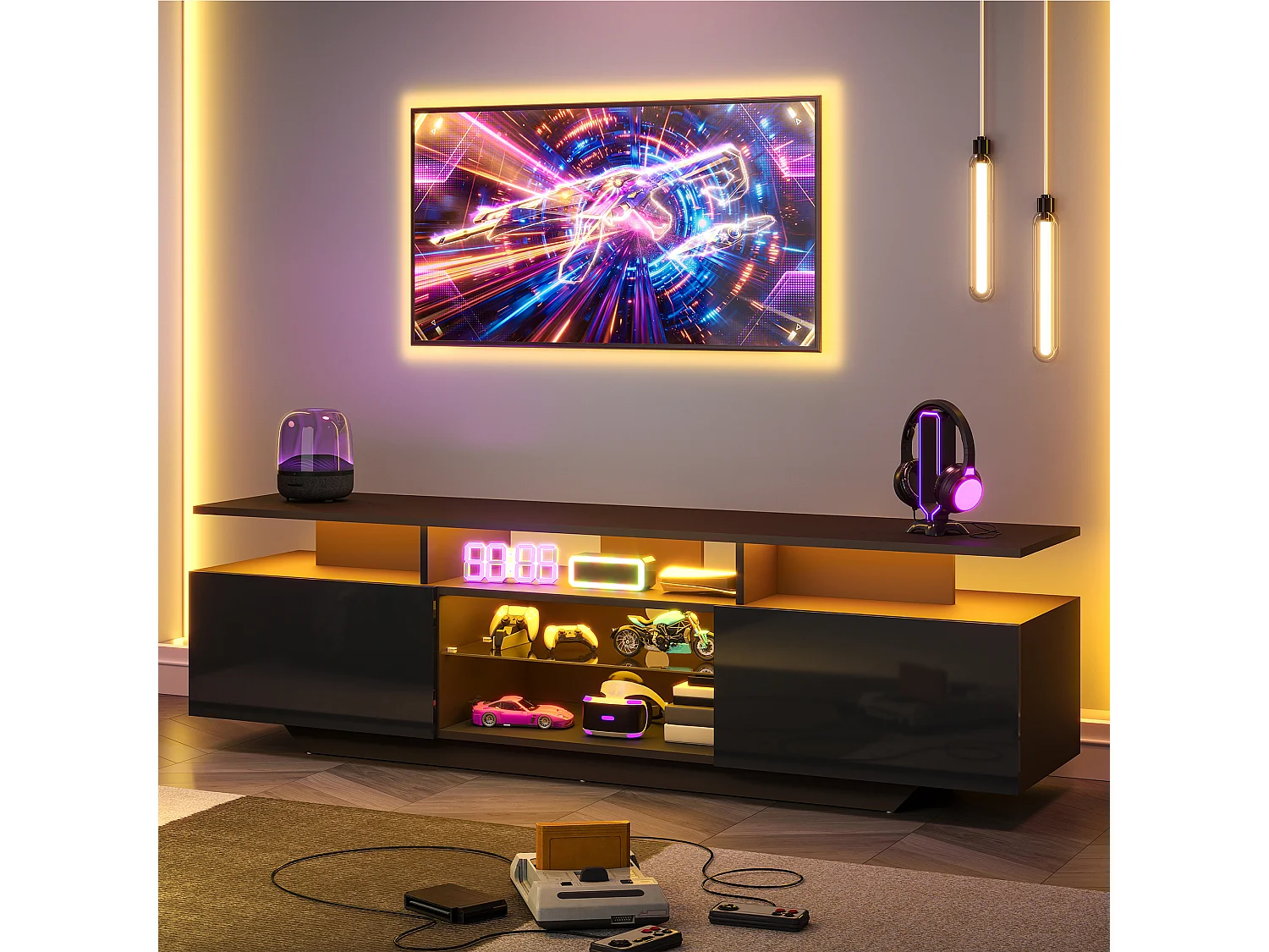 TV-Möbel mit LED-Beleuchtung per App, 2 Türen und Einlegeböden aus Sicherheitsglas – MDF/Glas – 160 x 40 x 45 cm – Schwarz