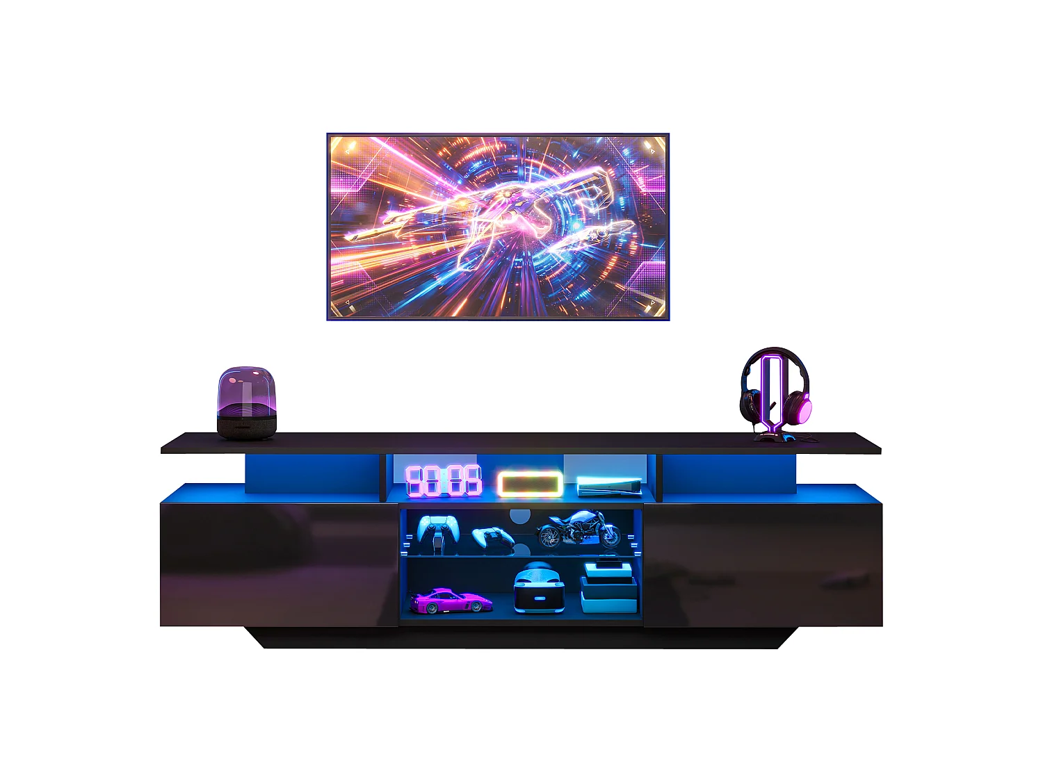 TV-Möbel mit LED-Beleuchtung per App, 2 Türen und Einlegeböden aus Sicherheitsglas – MDF/Glas – 160 x 40 x 45 cm – Schwarz