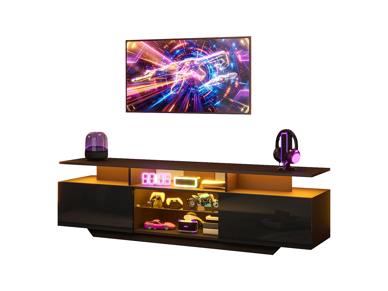 TV-Möbel mit LED-Beleuchtung per App, 2 Türen und Einlegeböden aus Sicherheitsglas – MDF/Glas – 160 x 40 x 45 cm – Schwarz