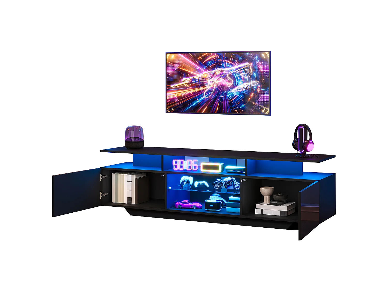 TV-Möbel mit LED-Beleuchtung per App, 2 Türen und Einlegeböden aus Sicherheitsglas – MDF/Glas – 160 x 40 x 45 cm – Schwarz