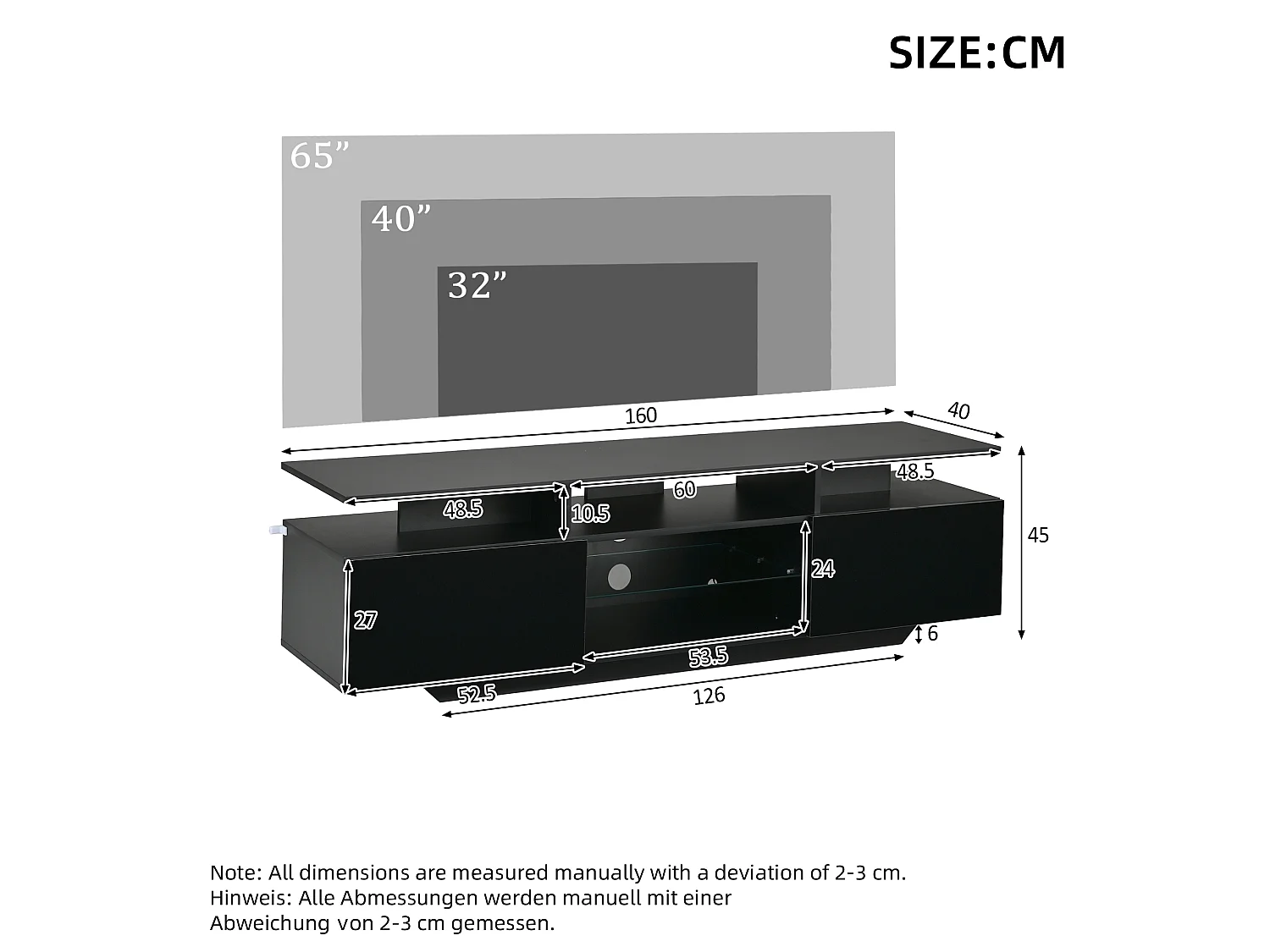 TV-Möbel mit LED-Beleuchtung per App, 2 Türen und Einlegeböden aus Sicherheitsglas – MDF/Glas – 160 x 40 x 45 cm – Schwarz