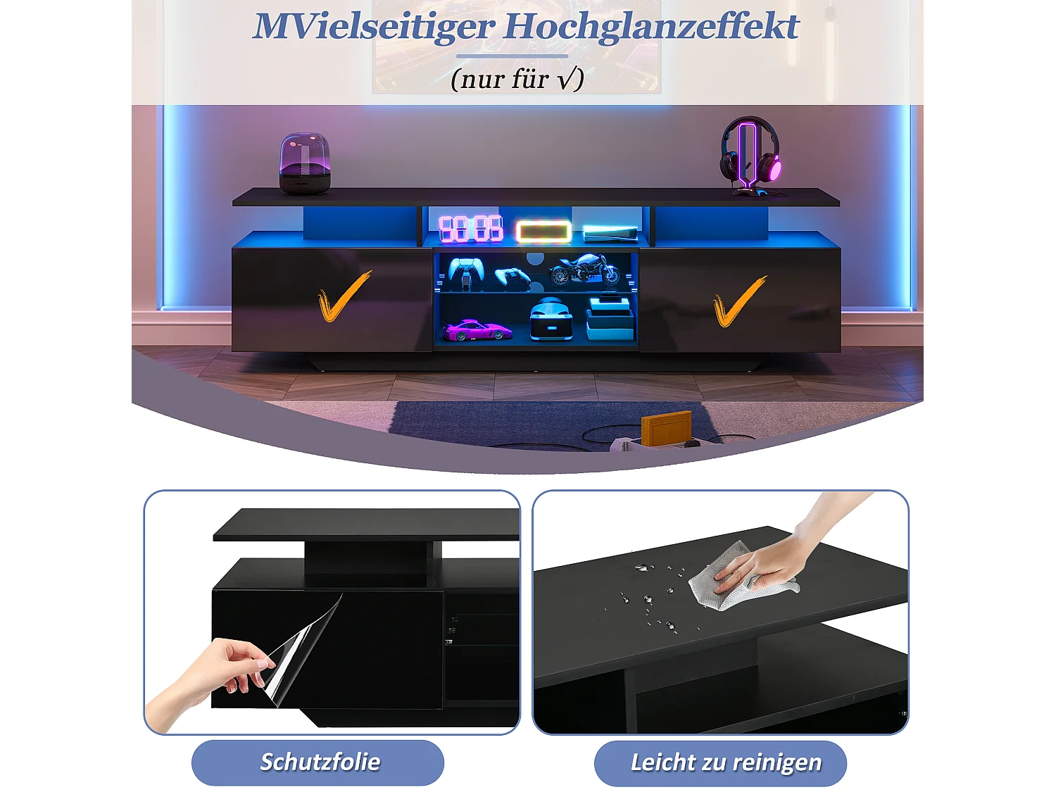 TV-Möbel mit LED-Beleuchtung per App, 2 Türen und Einlegeböden aus Sicherheitsglas – MDF/Glas – 160 x 40 x 45 cm – Schwarz