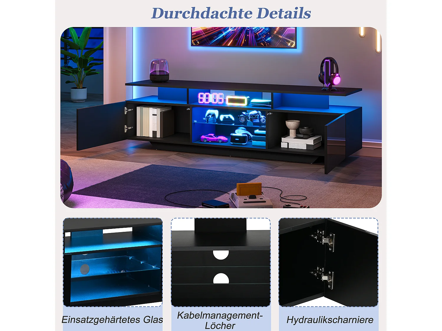 TV-Möbel mit LED-Beleuchtung per App, 2 Türen und Einlegeböden aus Sicherheitsglas – MDF/Glas – 160 x 40 x 45 cm – Schwarz