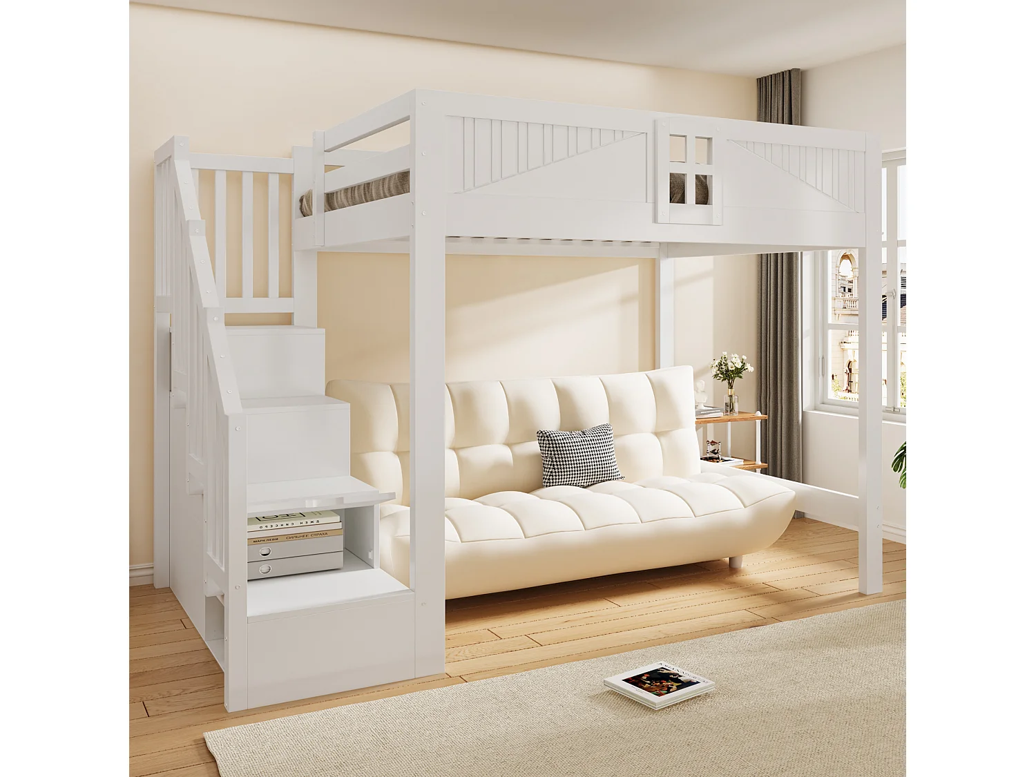 Solid wood mezzanine bed 140 x 200 cm - with safety barriers - with storage ladder - white (mattress not included)