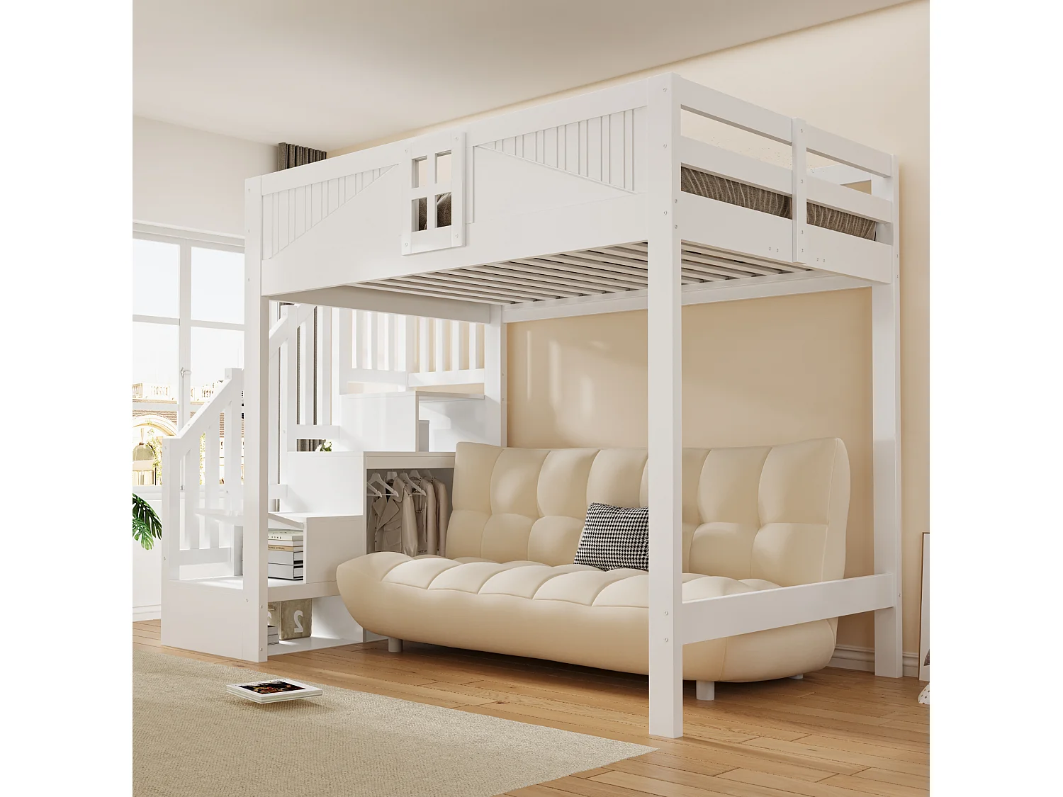 Solid wood mezzanine bed 140 x 200 cm - with safety barriers - with storage ladder - white (mattress not included)