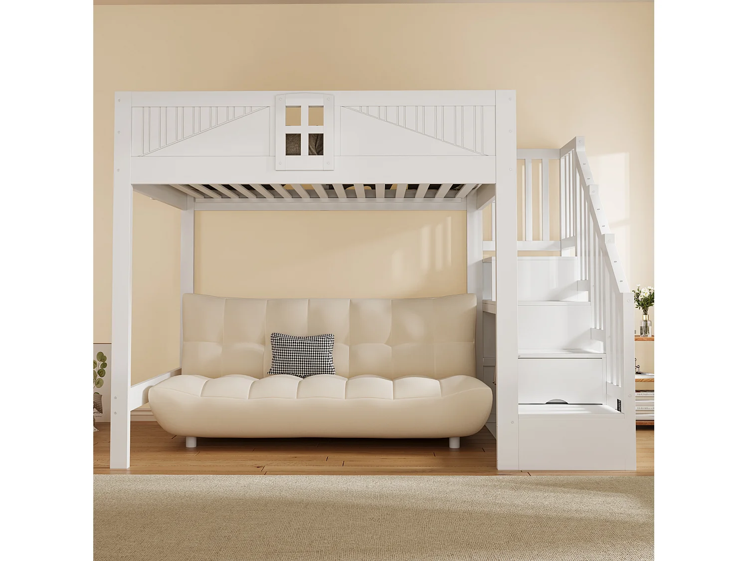 Solid wood mezzanine bed 140 x 200 cm - with safety barriers - with storage ladder - white (mattress not included)