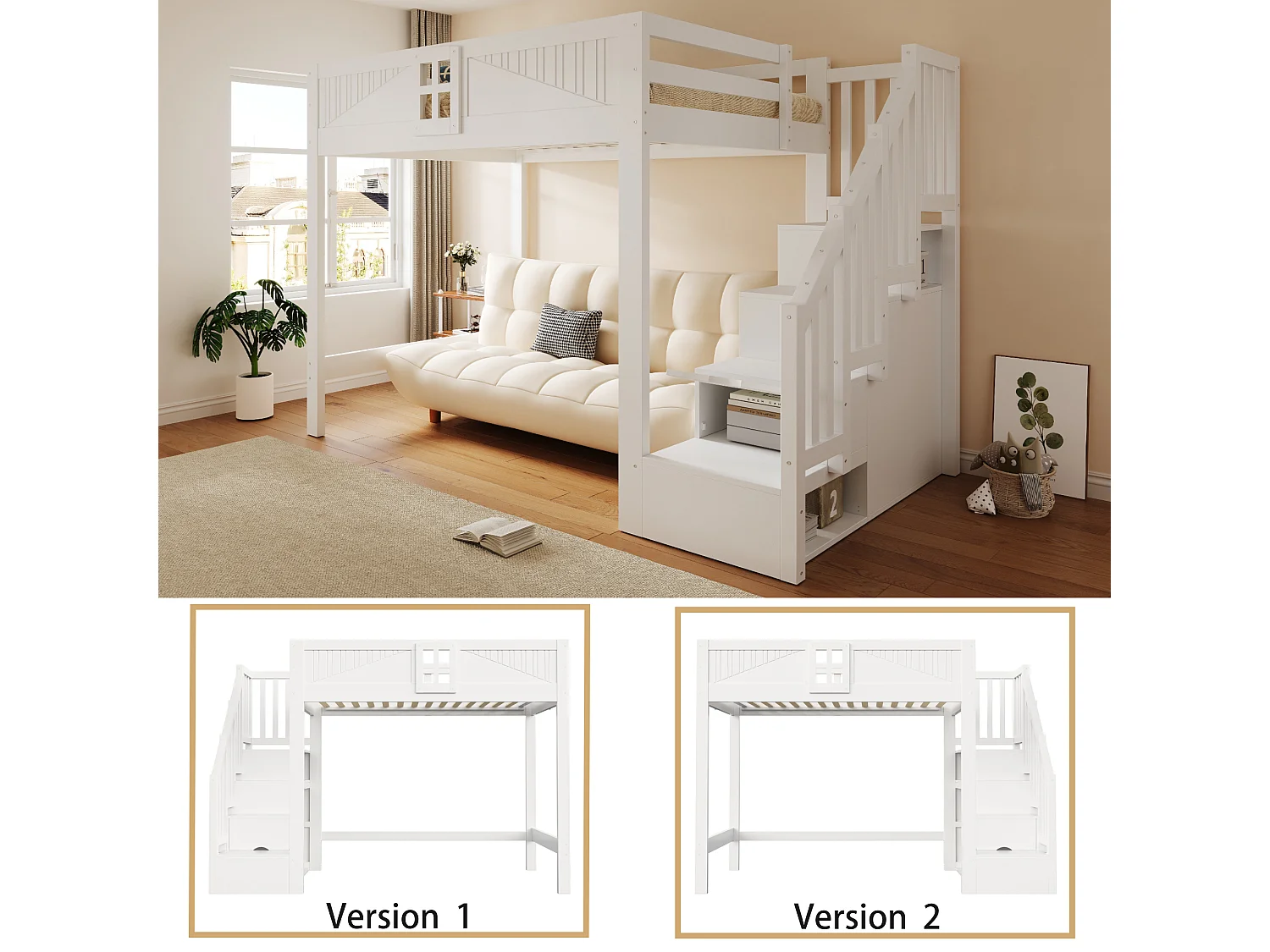 Solid wood mezzanine bed 140 x 200 cm - with safety barriers - with storage ladder - white (mattress not included)