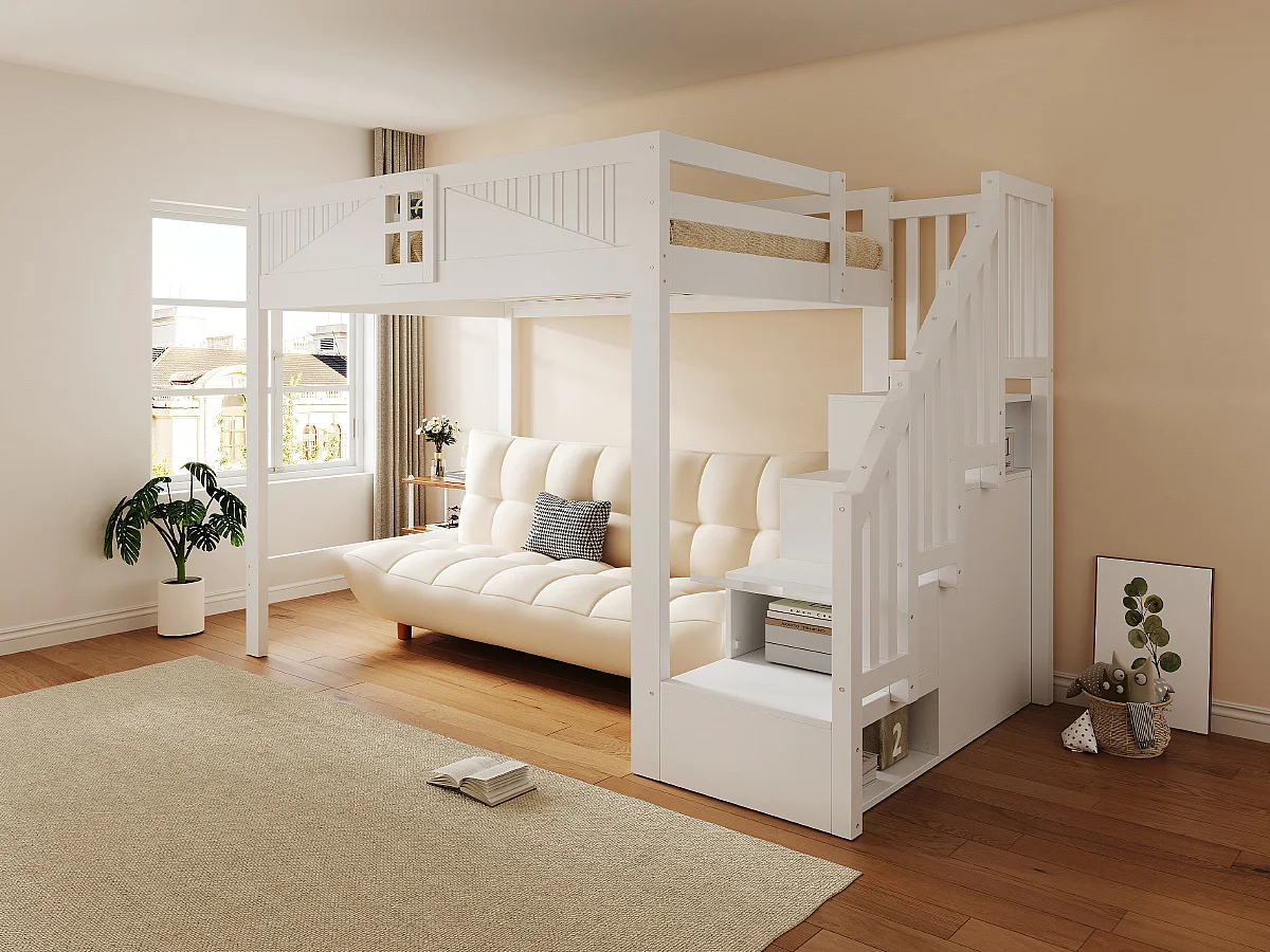 Solid wood mezzanine bed 140 x 200 cm - with safety barriers - with storage ladder - white (mattress not included)