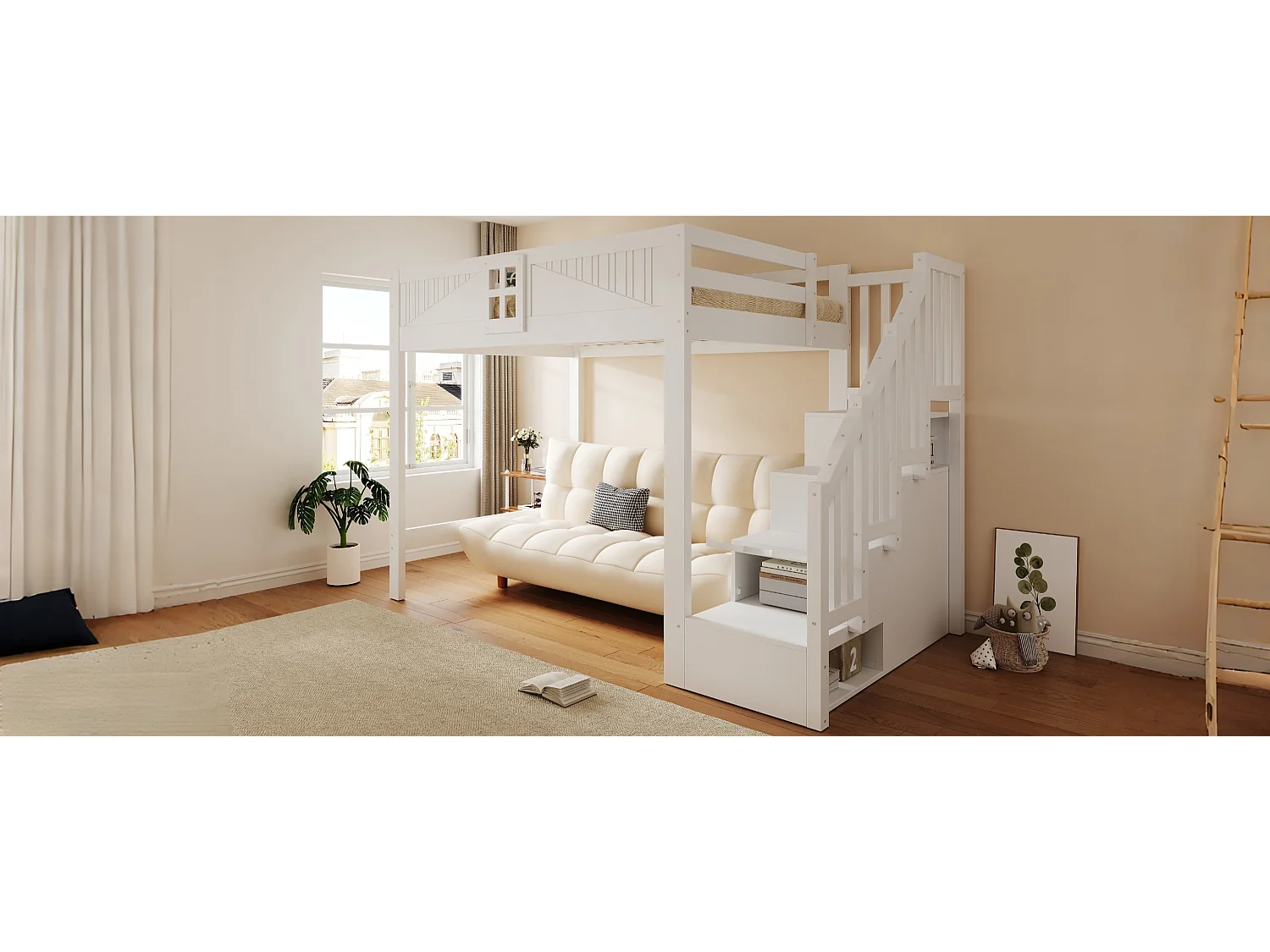 Solid wood mezzanine bed 140 x 200 cm - with safety barriers - with storage ladder - white (mattress not included)