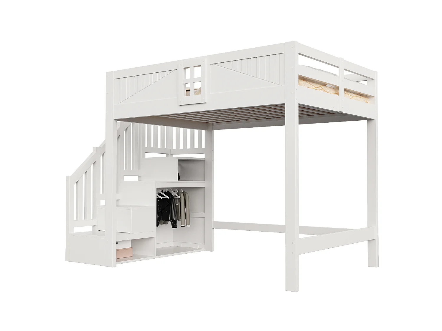 Solid wood mezzanine bed 140 x 200 cm - with safety barriers - with storage ladder - white (mattress not included)