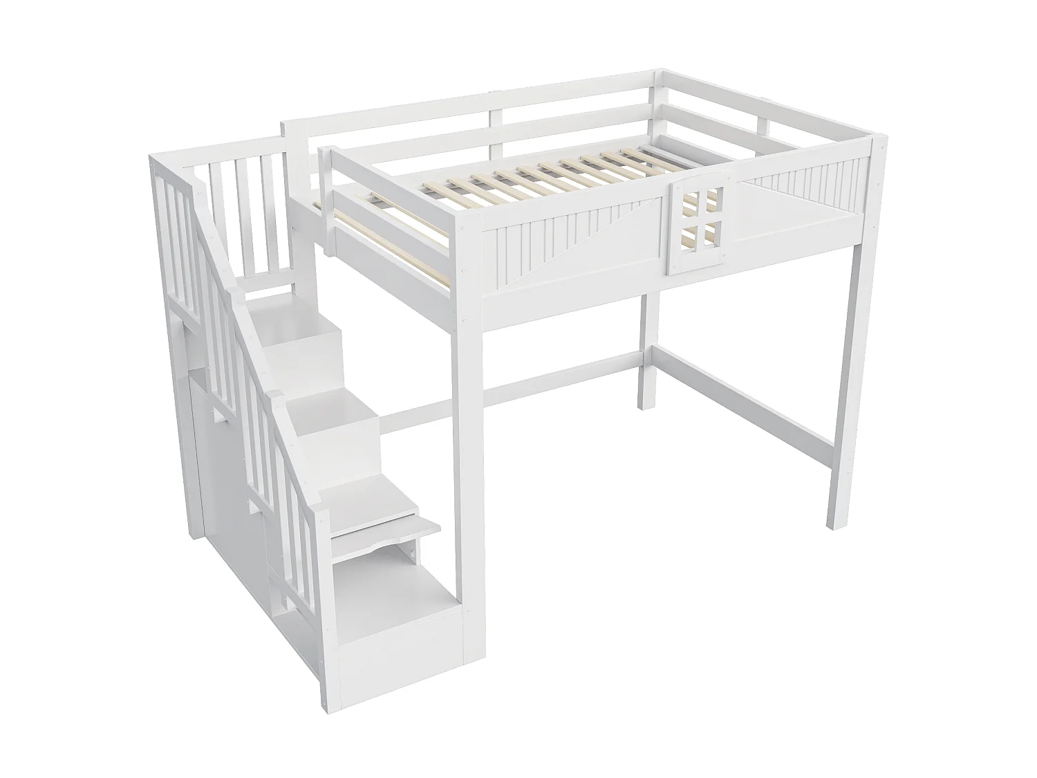 Solid wood mezzanine bed 140 x 200 cm - with safety barriers - with storage ladder - white (mattress not included)