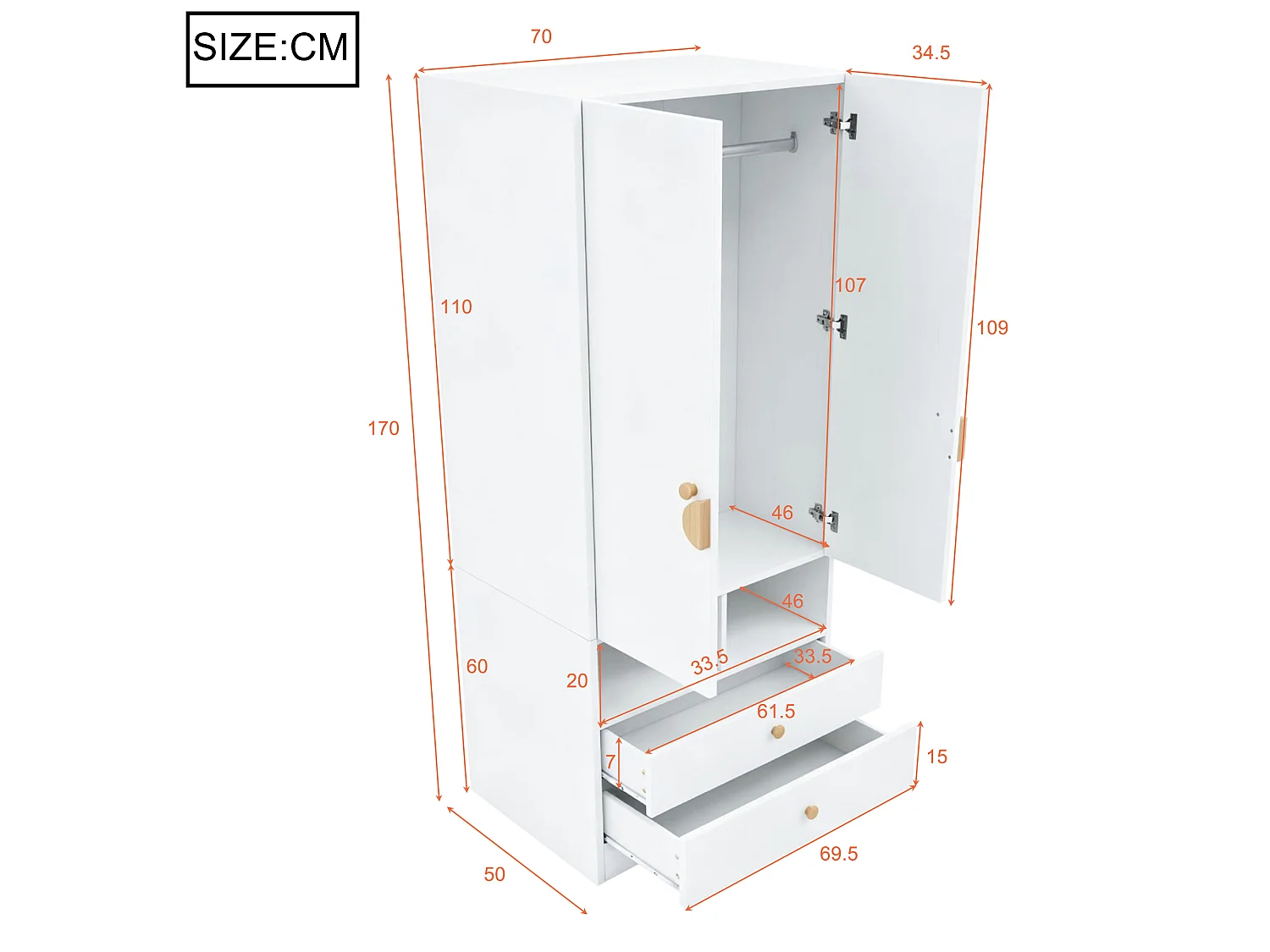 Armario simple 70 × 50 × 170 cm - con 2 cajones - blanco