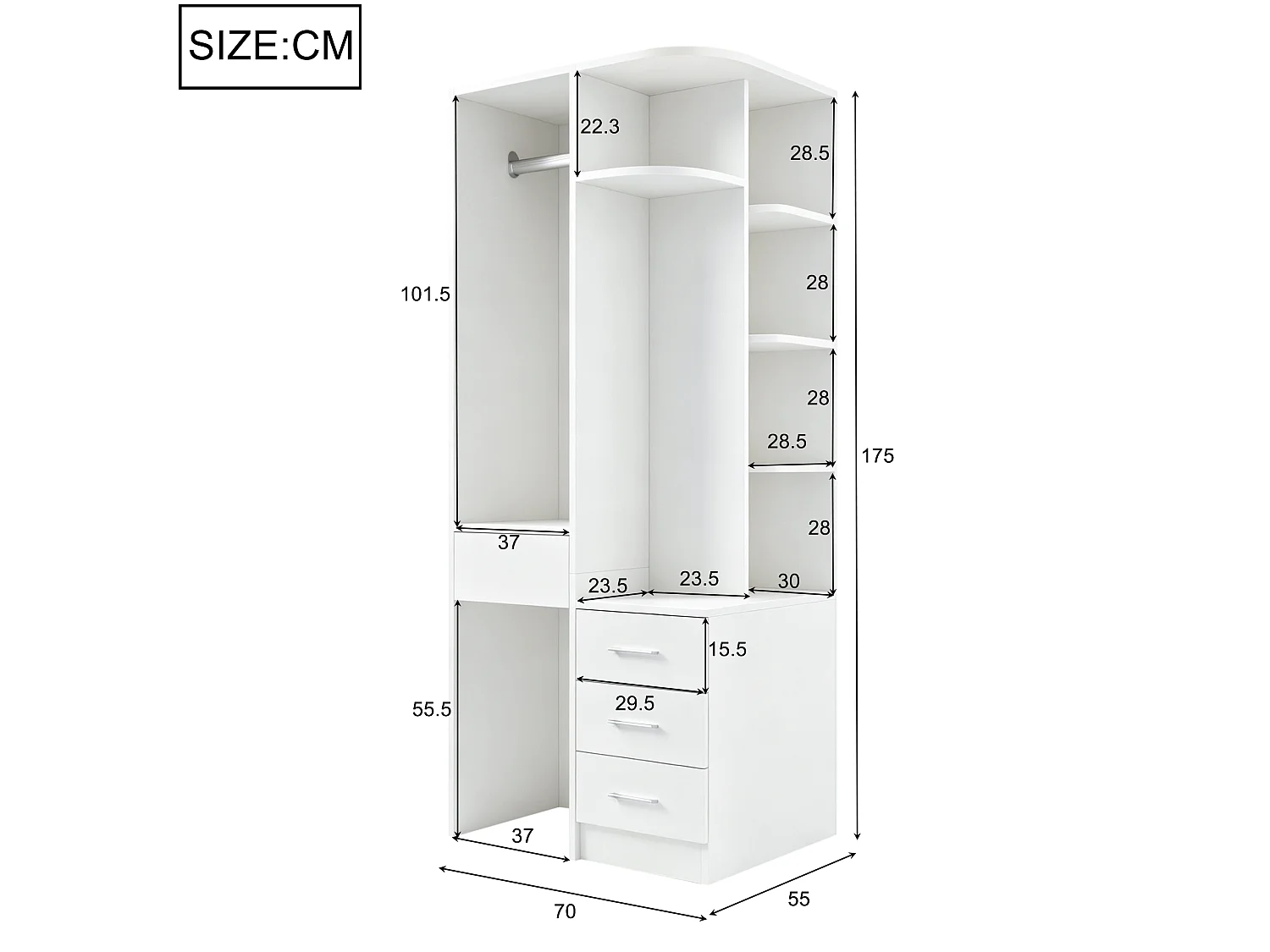 Szafa 70 × 55 × 175 cm - z 3 szufladami - z przegrodami do przechowywania - biała