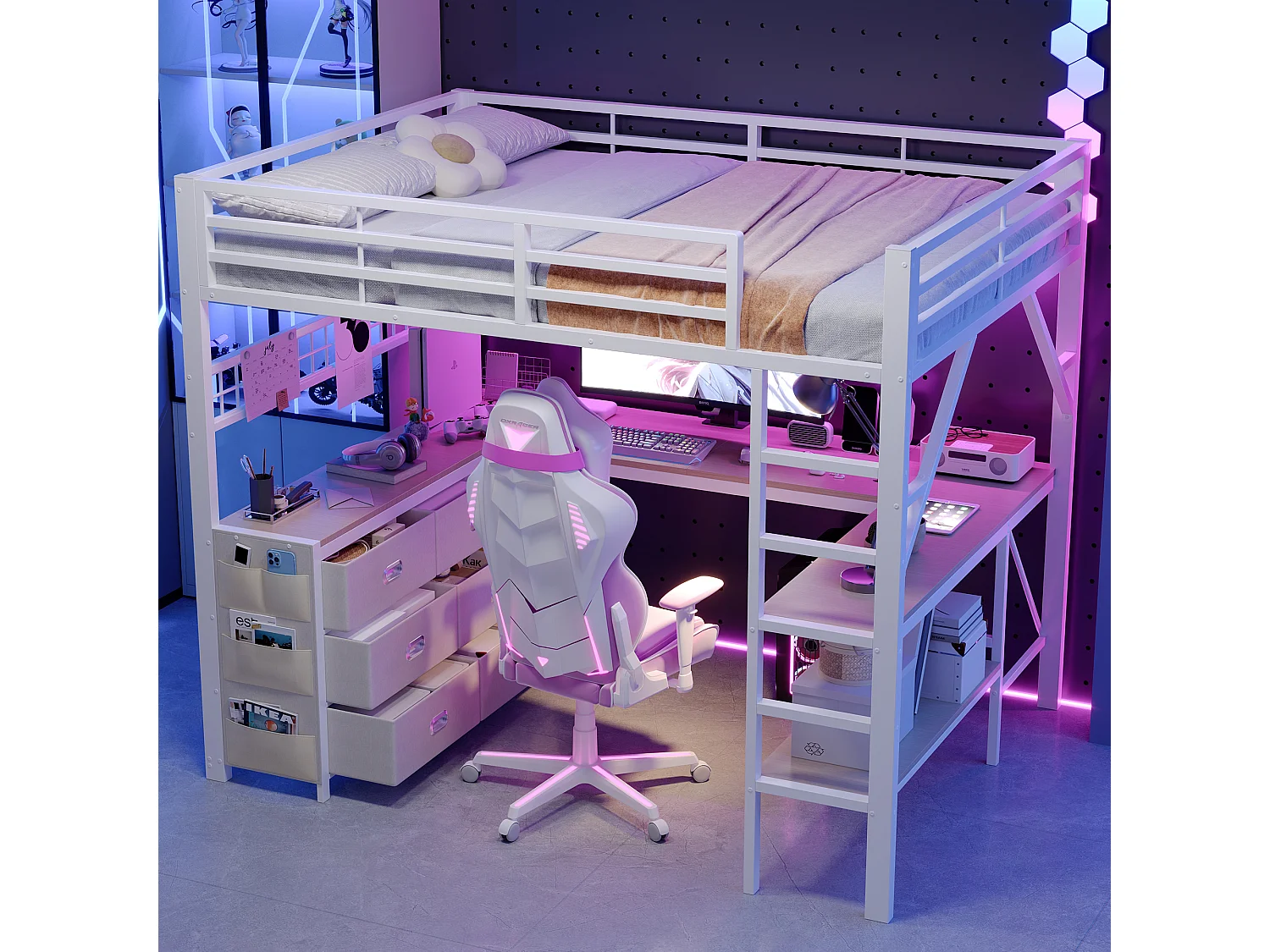 Lit mezzanine en métal 140x 200 cm - avec 6 tiroirs, bureau et étagères - Port USB et éclairage LED - Blanc (matelas non inclus)