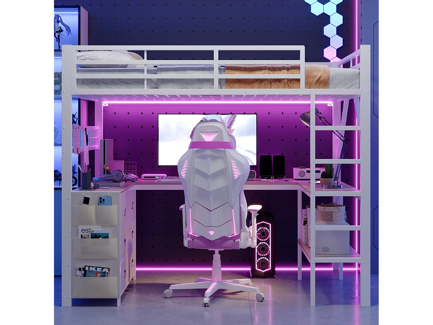 Lit mezzanine en métal 140x 200 cm - avec 6 tiroirs, bureau et étagères - Port USB et éclairage LED - Blanc (matelas non inclus)