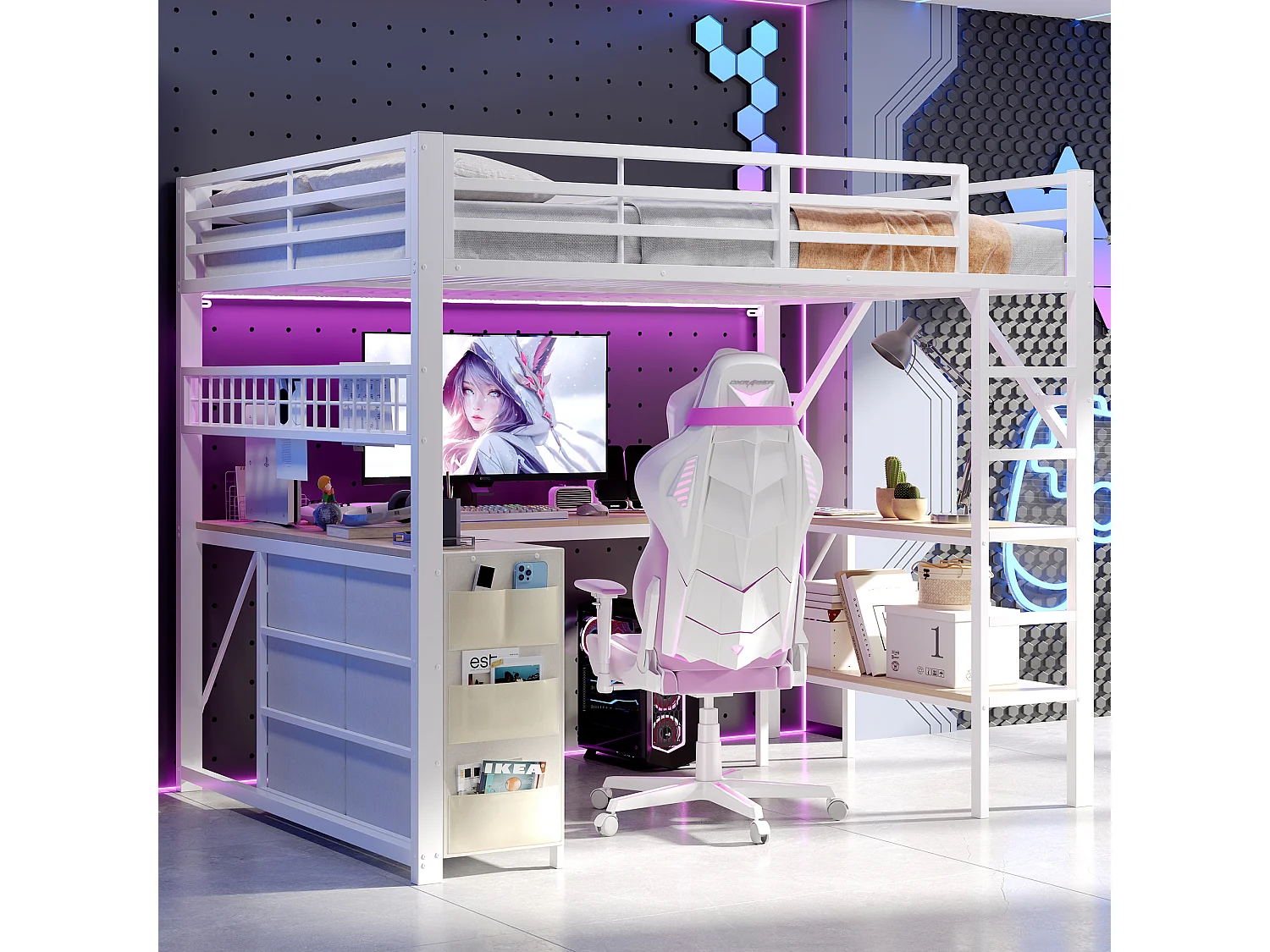 Lit mezzanine en métal 140x 200 cm - avec 6 tiroirs, bureau et étagères - Port USB et éclairage LED - Blanc (matelas non inclus)