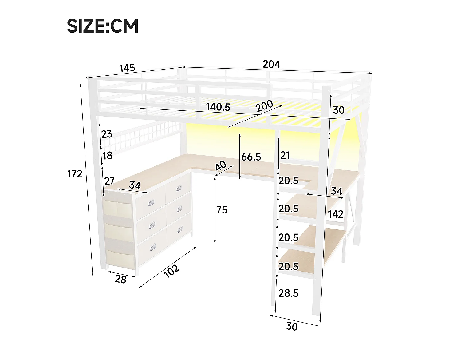 Lit mezzanine en métal 140x 200 cm - avec 6 tiroirs, bureau et étagères - Port USB et éclairage LED - Blanc (matelas non inclus)